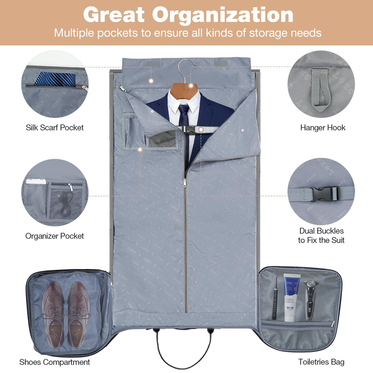 LekeSpring Garment Bags with Wheels, Garment Convertible Weekender Bags, Large Garment Bags for Travel, Duffle Luggage Bag Garment Bag (Grey, Medium)