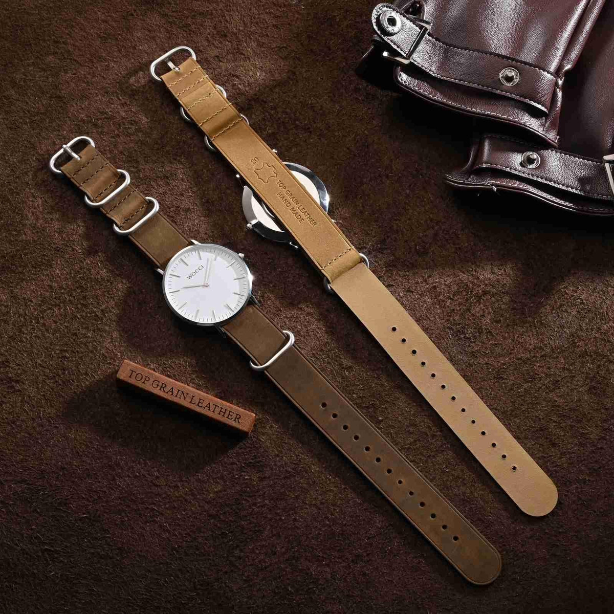 WOCCI 20mm One-piece Watch Band for Men, Top Grain Leather, Brushed Hardware (Retro Brown)