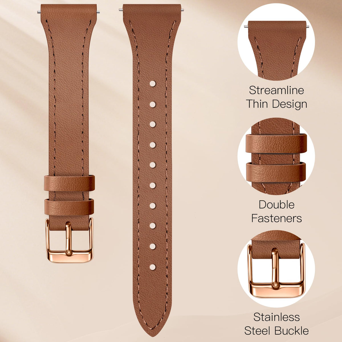 JR.DM 2 Pack Slim Leather Bands Women Compatible with Samsung Galaxy Watch 7/6/5/4/Active 2/4 Classic/6 Classic/5 Pro/FE 40mm 42mm 43mm 44mm 45mm 46mm 47mm, Top Leather Soft Watch Thin Straps，20mm