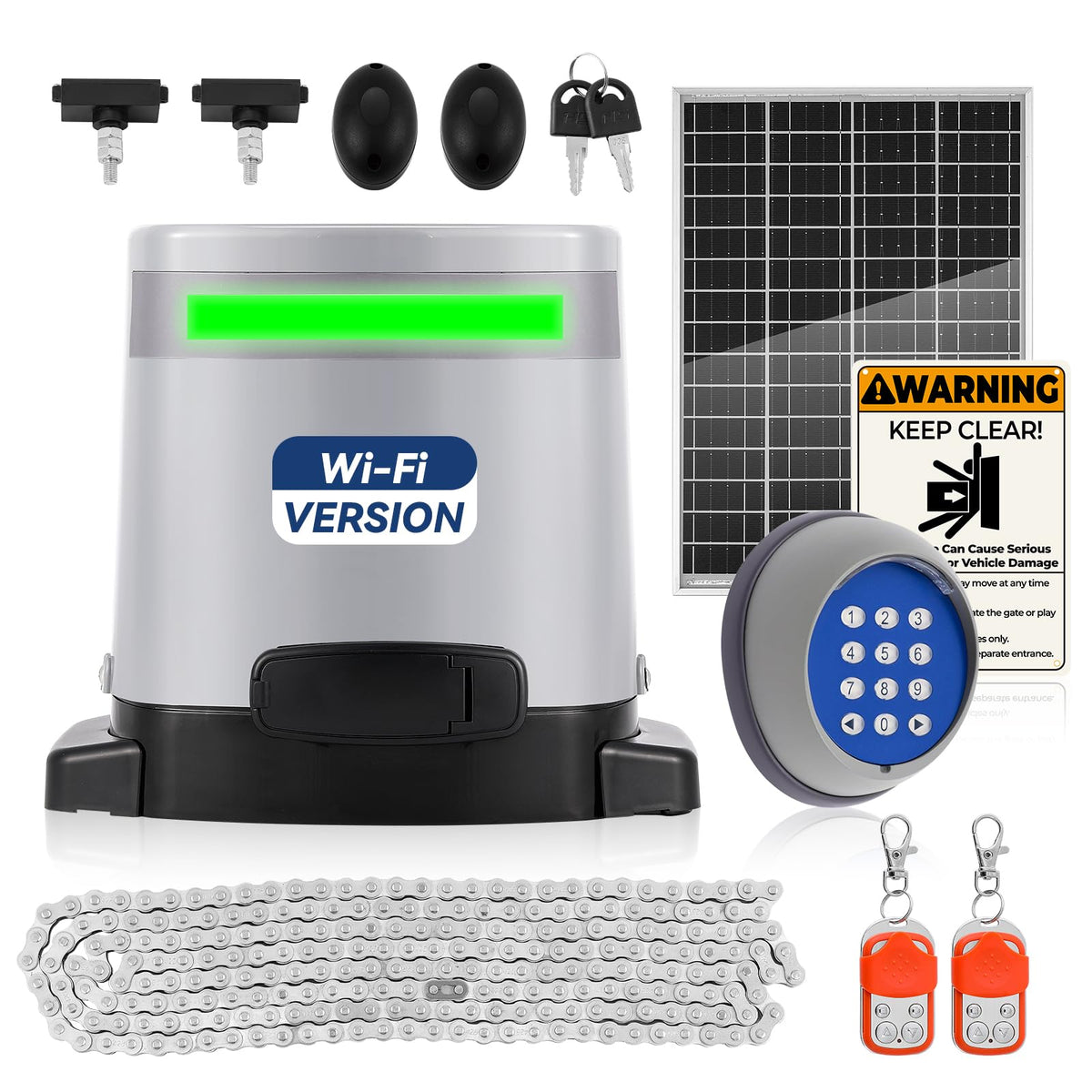 1300lbs Solar Sliding Gate Opener Chain Drive with Built-in Backup Battery, WiFi Remote Control, IR Sensor, Keypad, Automatic Gate Motor, Off-Grid Operation with Solar Panel