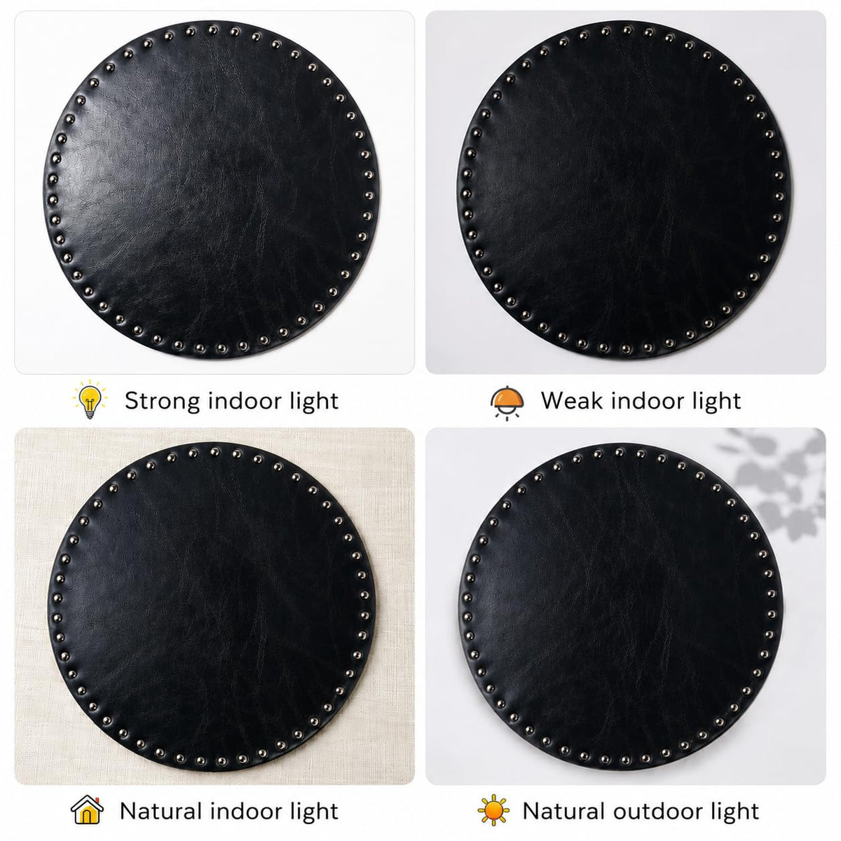 FAVE Black Faux Leather Placemats 13.78Inches Round Placemat Set of 2 Heat Resistant Place Mats for Kitchen Table Wipeable Fall Placemats Table Mats with Rivets High Texture Placemat (Black)