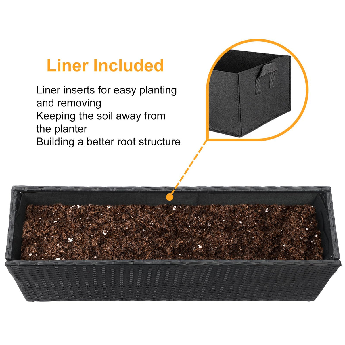 SUNNYPARK Black Rectangular Planter Box All-Weather PE Rattan Large Modern Planters with Removable Liner Indoor Outdoor Decorative Flower Pot for Patio, Balcony, Garden