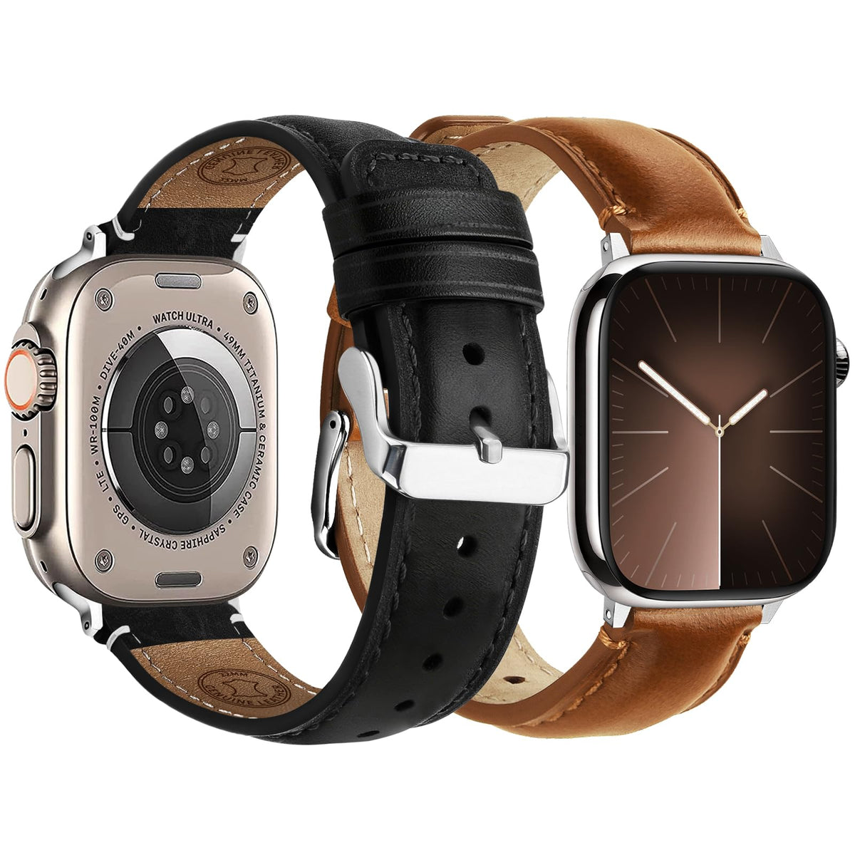 Fullmosa Leather Band Compatible with Apple Watch Bands 49mm 46mm 45mm 44mm 42mm,Top Grain Leather iWatch Straps for Apple Watch Ultra SE Series 11 10 9 8 7 6 5 4 3 2 1,Black+Silver/Brown+Silver