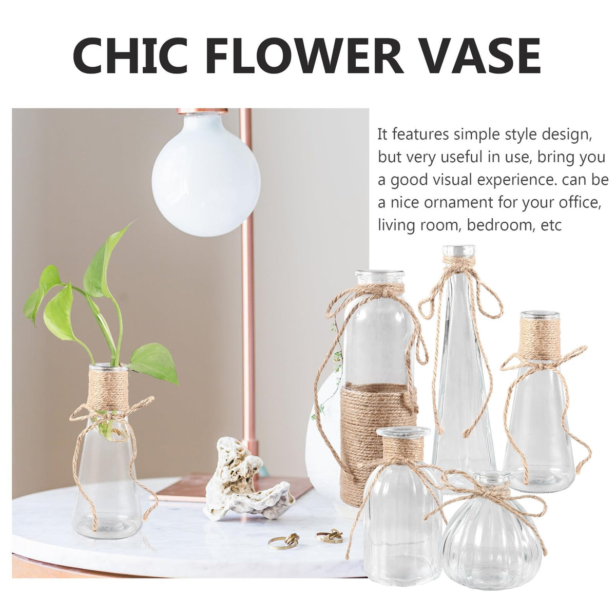 Cabilock 5pcs Glass Vases Set with Rope Design, Plant Terrarium Flower Arrangement Containers for Home Décor, Desktop Adornment, Includes Cone, Pumpkin, European Triangle Shapes