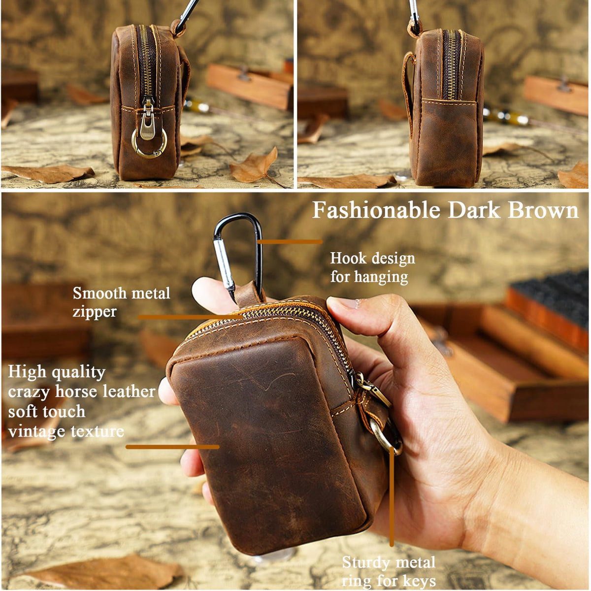 RRBMMH Crazy Horse Leather Coin Purse Retro Zipper Wallet Genuine Leather Coin Pouch for Men Small Leather Change Purse with Key Ring for Travel