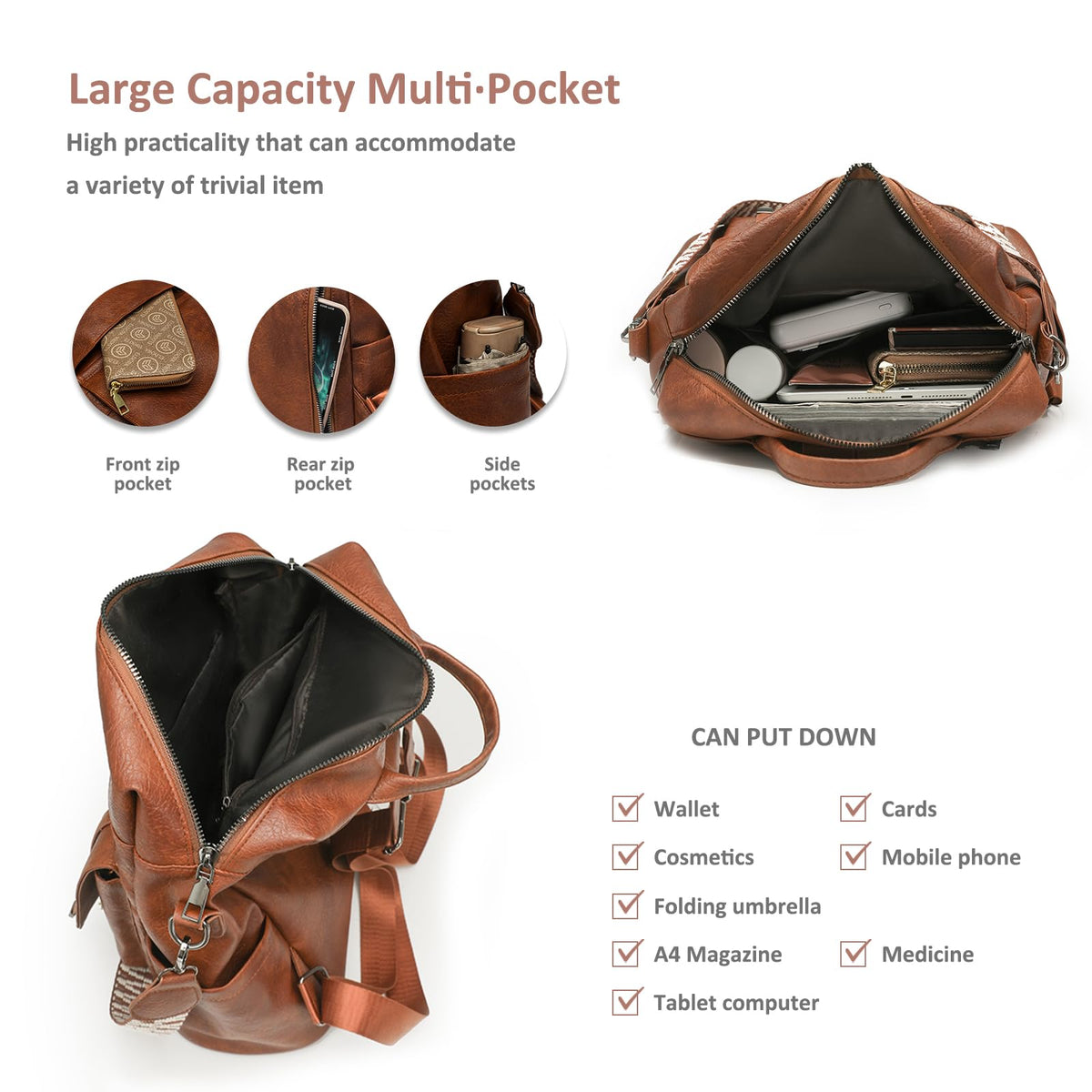 HAHONIA Women's Fashion Backpack PU with Detachable Wide Shoulder Strap & Multiple Pockets, Anti Theft Backpack for Women