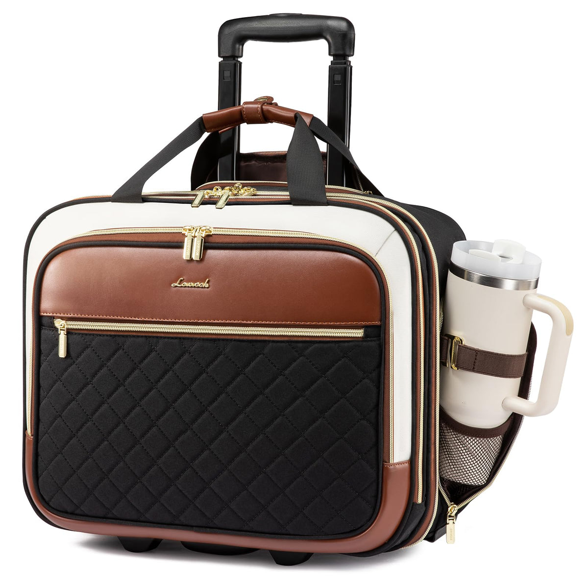 LOVEVOOK Rolling Laptop Bag Women, 17.3 Inch Laptop Briefcase with Wheels, Soft Sided Underseat Carry On Luggage Personal Item Suitcase for Work Travel Business, Black Brown Beige