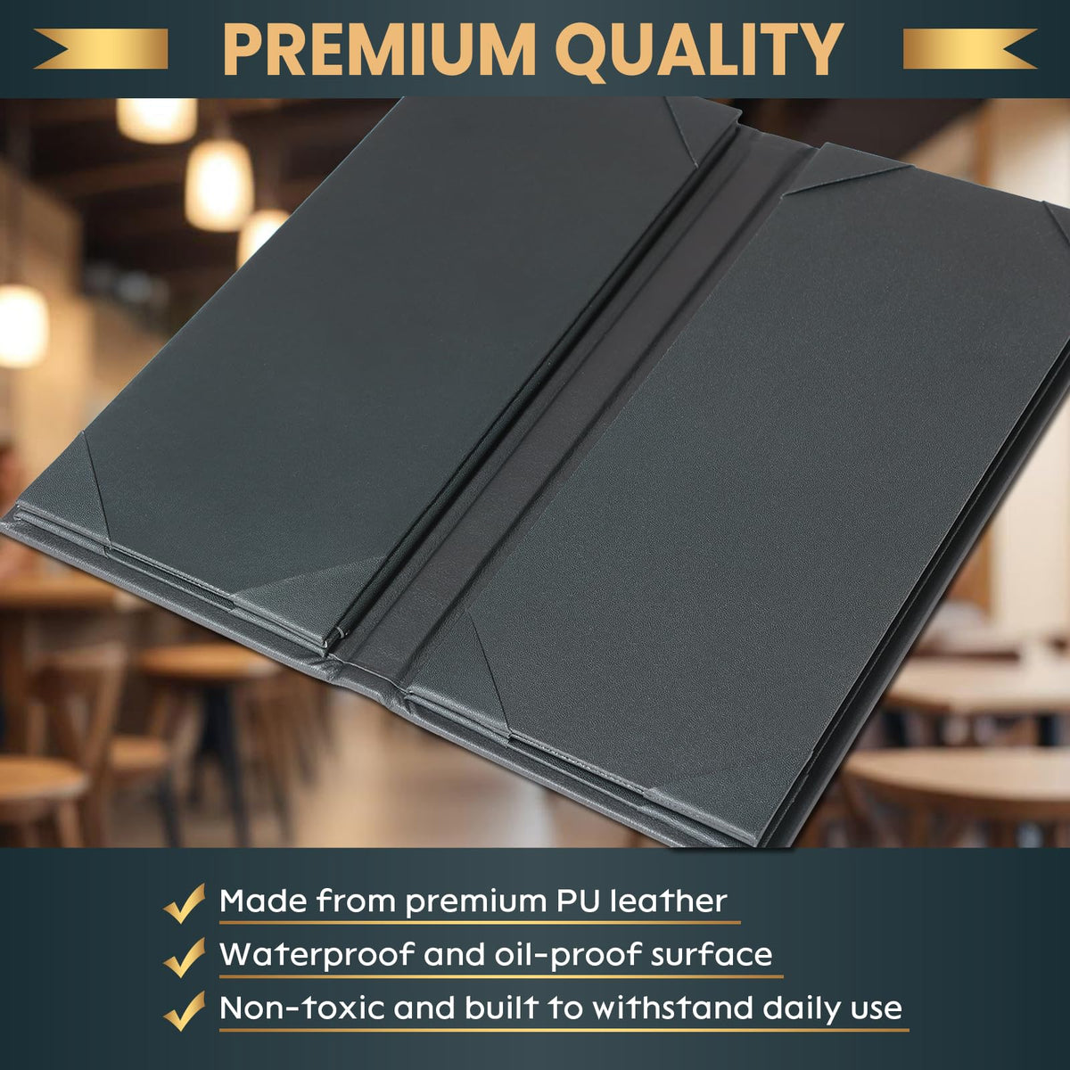 AMGSH 12 Pack 6 View Menu Holder Menu Covers 4.25" x 11" | Black Leather Menu Sleeves Book Style for Restaurant Coffee Bars Wine List