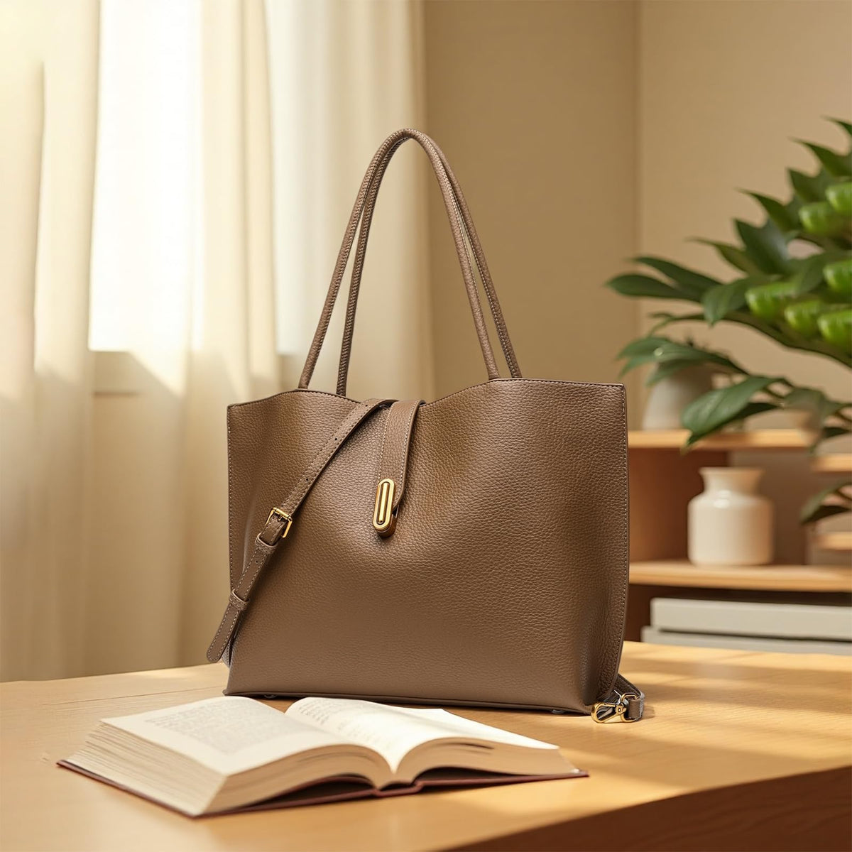 Vegan Leather Tote Bag for Women,UPGRADED LARGER SIZE 2-in-1 Shoulder Handbag with Removable Pouch,Work & Daily Use(Large - Vegan Leather - brown)