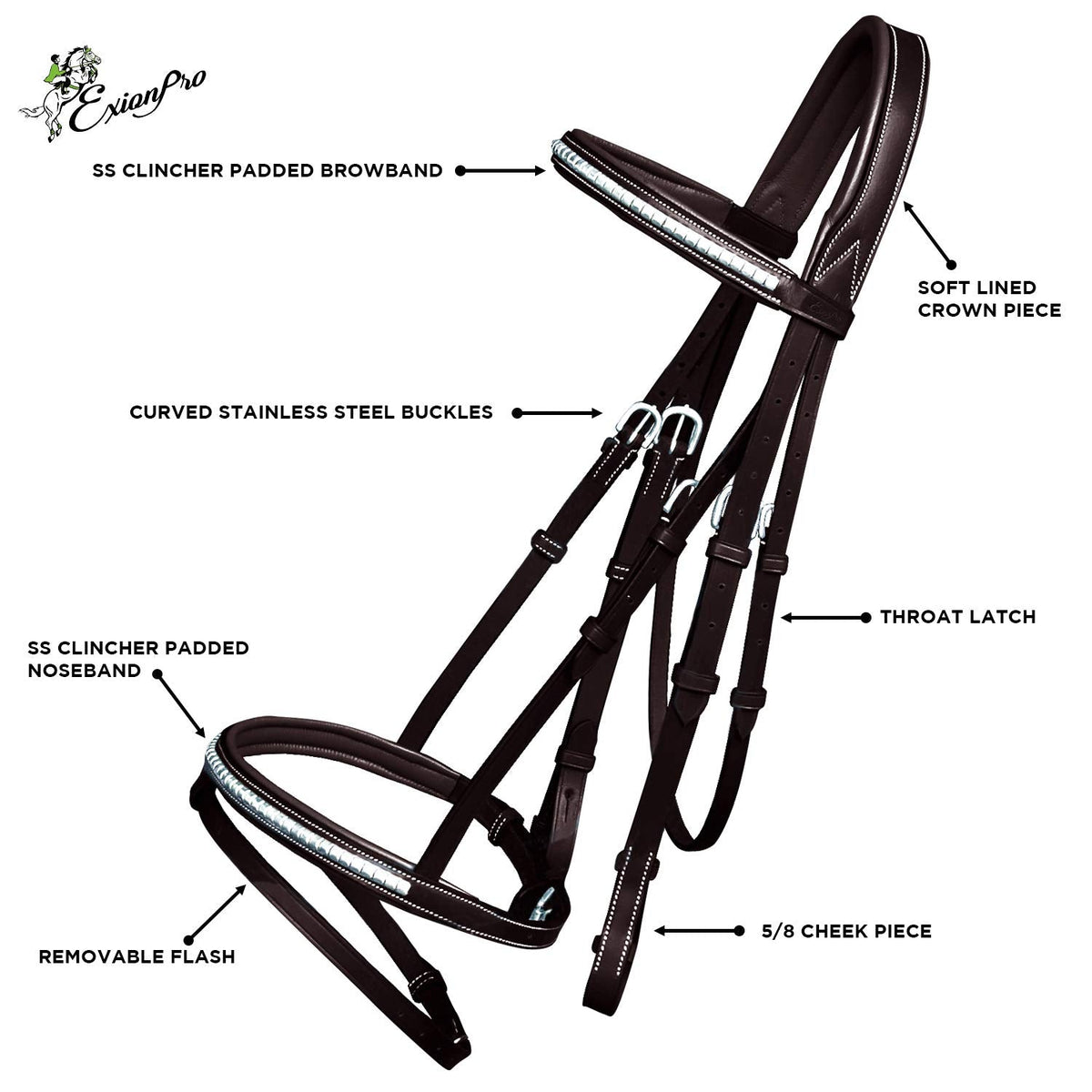 ExionPro English Jumping Bridle with Flash – Soft Lined Crownpiece, Brass Clincher Studded Browband, Flash Noseband, Rubber Reins – Black & Brown – Premium Vegetable-Tanned Leather