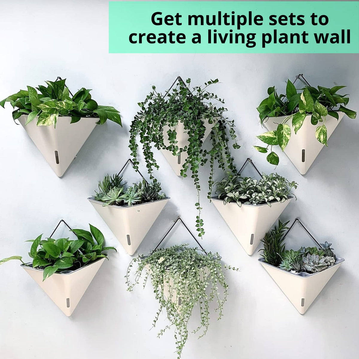 LaLaGreen Bundle - 12" x 2 Pack Black + 12" x 2 Pack White Large Self Watering Geometric Hanging Flower Vase Vessel with Metal Hanger, Modern Stylish Wall Mounted Succulent Pot Holder Decor
