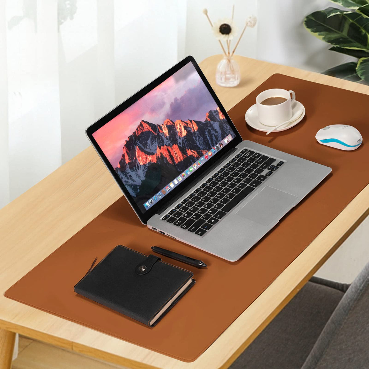 Desk Pad Blotter,Wolaile 36x17 in Large PU Leather Mouse Pad,Waterproof Non-Slip Writing Desktop Protector Mat,Office Desk Accessory,Brown