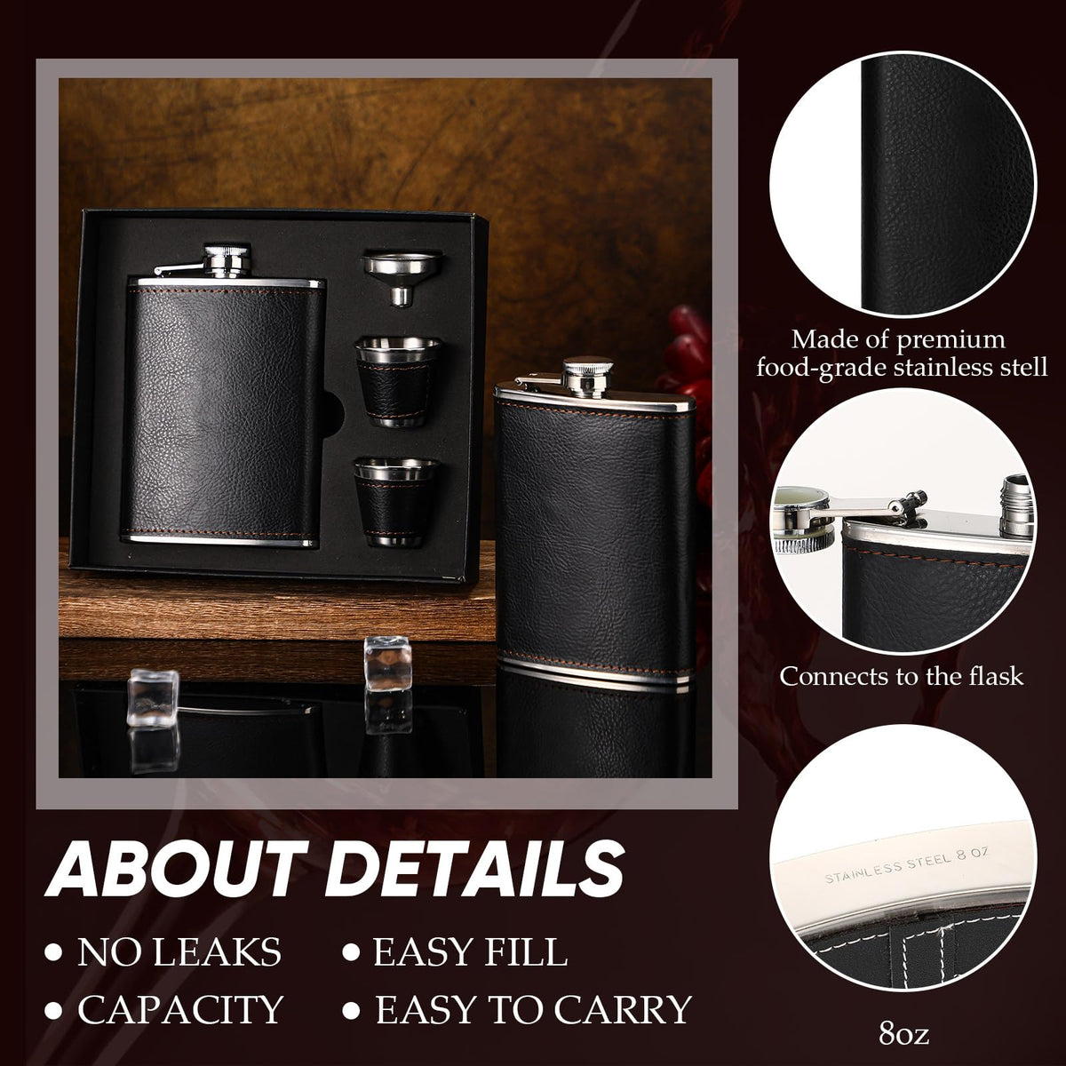 Domensi 6 Set Hip Flask Gift Set Flask for Liquor for Men with Black Leather Cover 8 oz Hip Flask Set 18/8 Stainless Steel Hip Flasks with 2 Cups & Funnel for Men Gift Box, Camping, Wedding Party