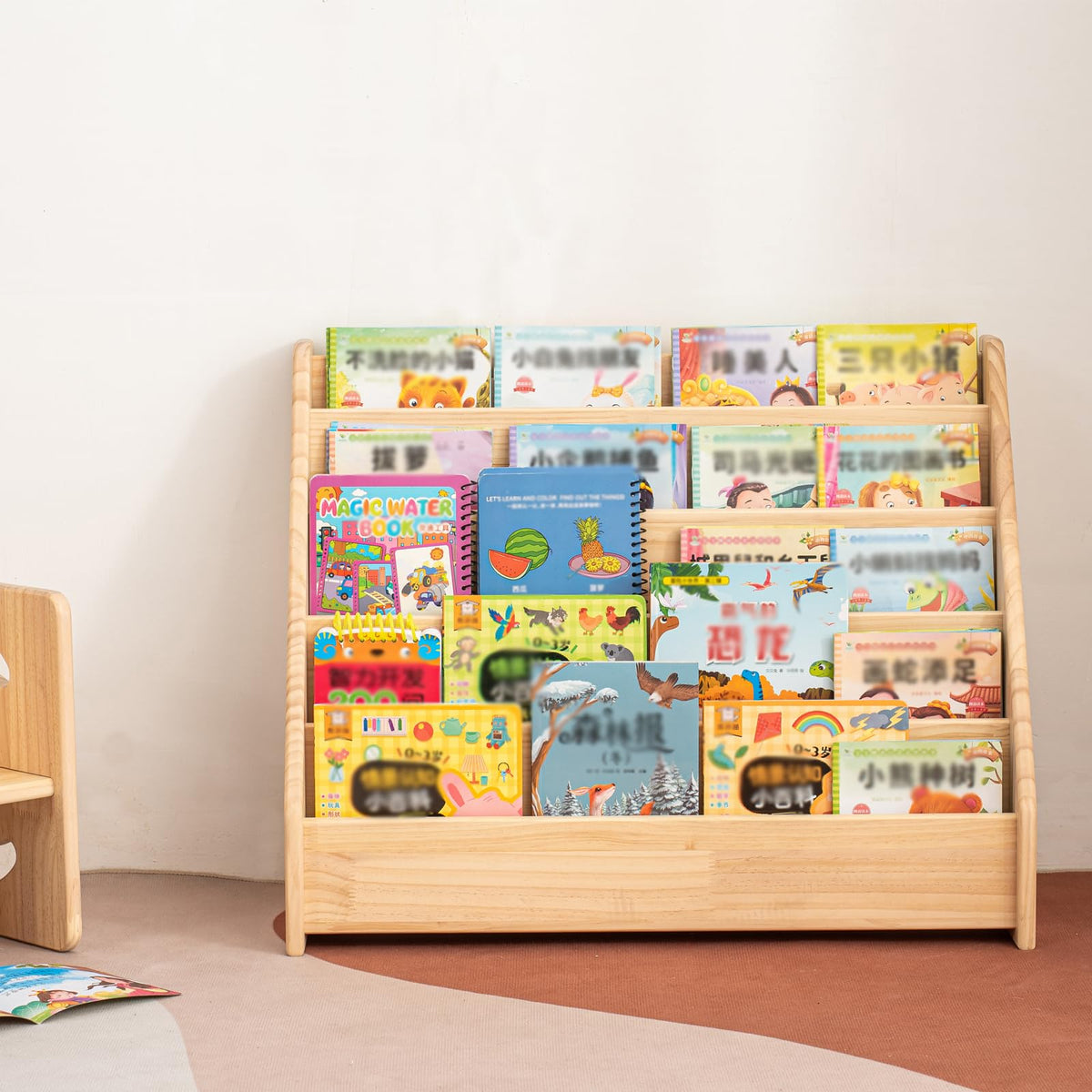 5 Tier Pine Wood Bookshelf Book Holder Wooden Kid's Book Rack Natural for Kids Room Study Room Play Room Books Magazines Storage Organizer