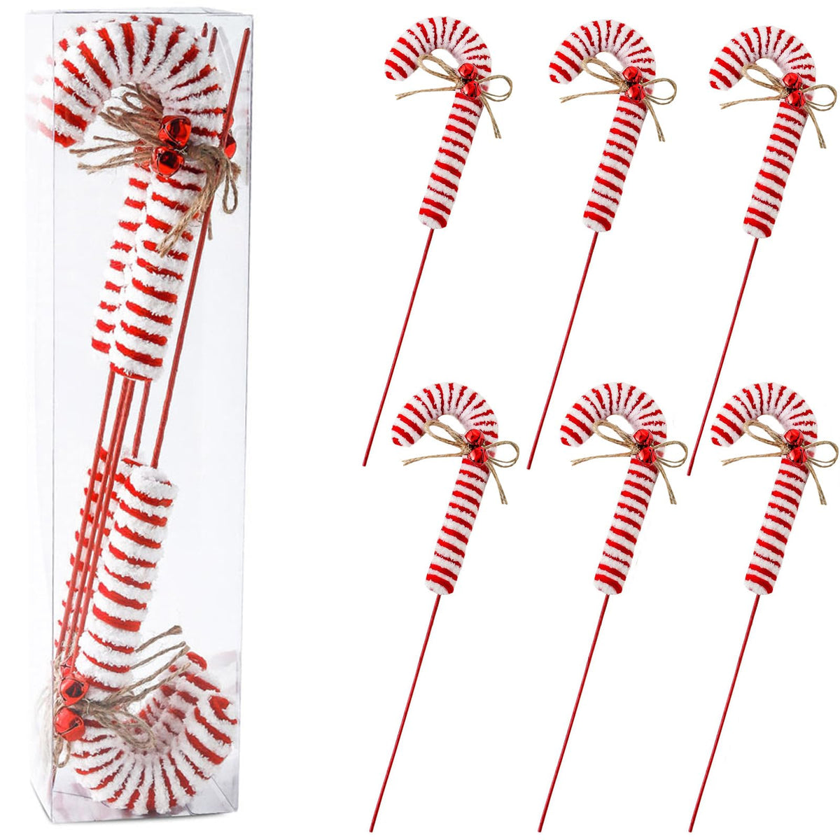 ZHANYIGY 6Pcs Christmas Tree Decorations Picks，Red White Woolen Candy Picks 14 Inch Xmas Tree Topper Ornaments for Christmas Wreath DIY Craft Home Vase Filler Party Supplies