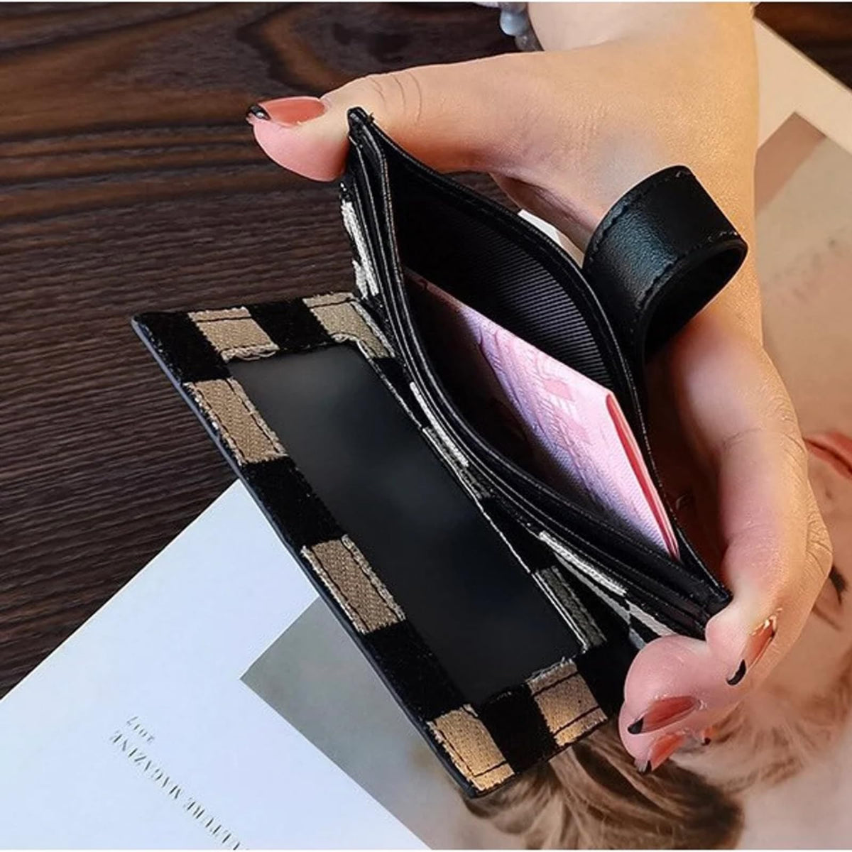 TURBOOST Cute Slim Card Holder Canvas Front Pocket Checkered Wallet, Small Credit Card Case for Women (Black)