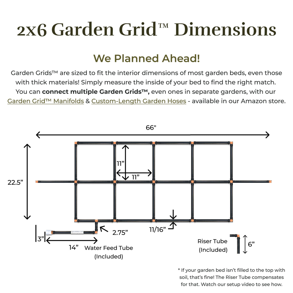 Garden Grid Watering System - 2x6 Cornerless | Raised Garden Bed Drip Irrigation System, But Better | Pre-Assembled, Waters Every Plant | Ideal for Beds w/Corner Posts or Curved Ends | 22.5"x66"