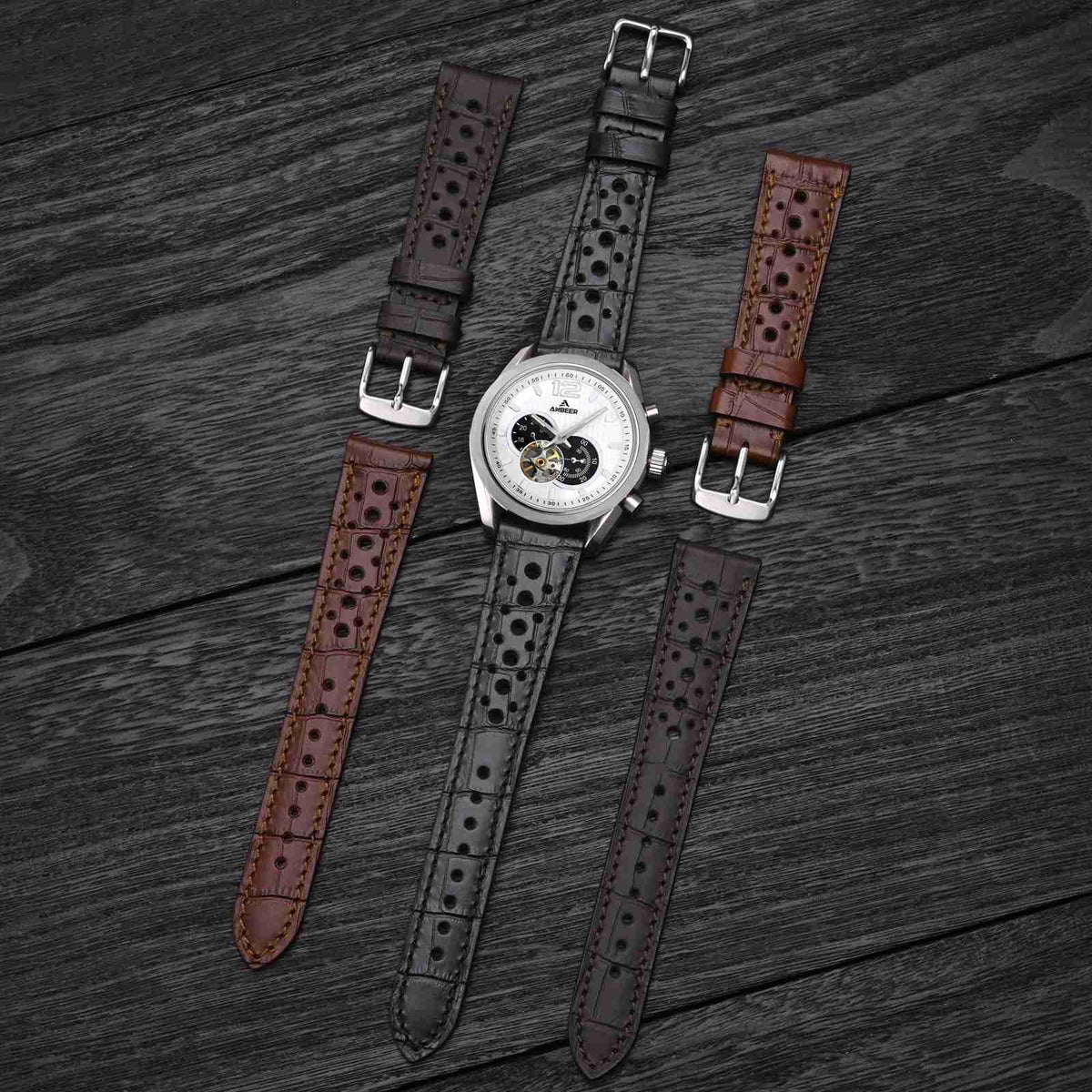 Anbeer Alligator Embossed Genuine Leather Watch Band,22mm Perforated Replacement Wristband for Men Women,Luxury Crocodile Pattern Watch Strap