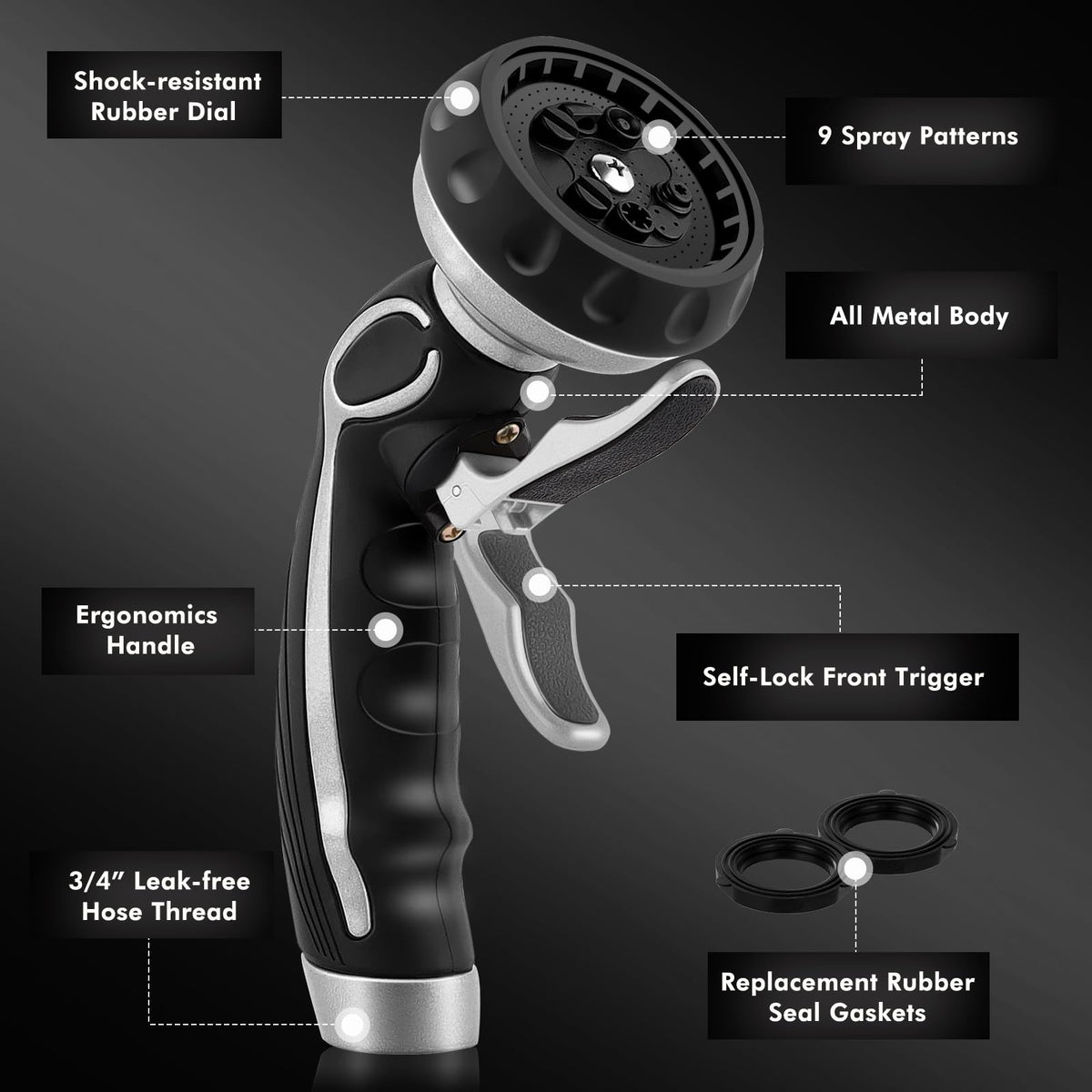 RESTMO Hose Nozzle with Easy Self-Lock Trigger, Heavy Duty Metal Water Hose Sprayer with 9 Spray Patterns and On/Off Valve, Ideal for Outdoor Lawn & Garden Watering, Car & Pet Washing, Silver