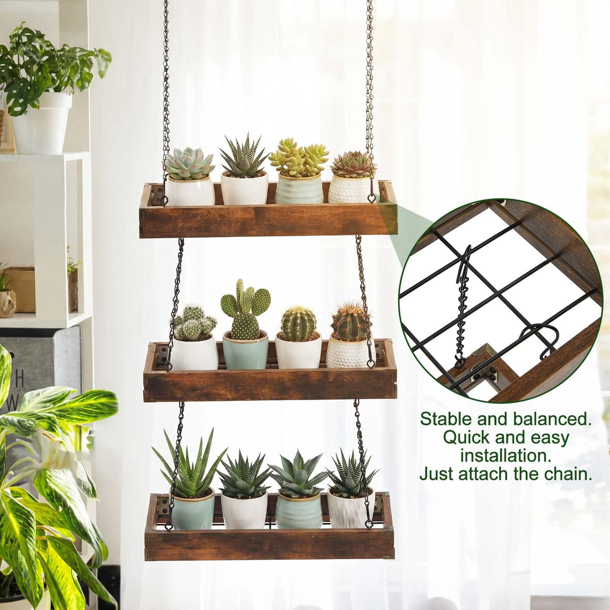 Otoolling 3 Tier 16" Hanging Window Plant Shelf Wood Frame Metal Chain Large Hanging Herb Planter Holder Indoor Display Floating Wall Flower Pot Organizer Storage for Herbs Microgreens Succulents