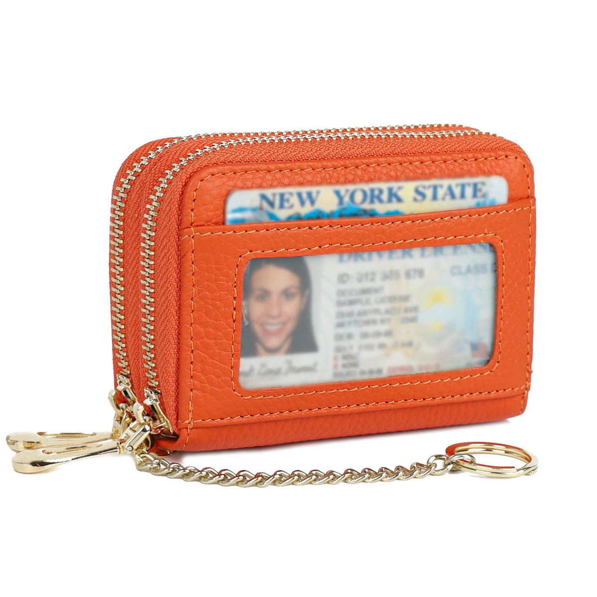 imeetu RFID Credit Card Wallet, Genuine Leather Zipper Card Case Holder with Removable Keychain(Max - Orange)