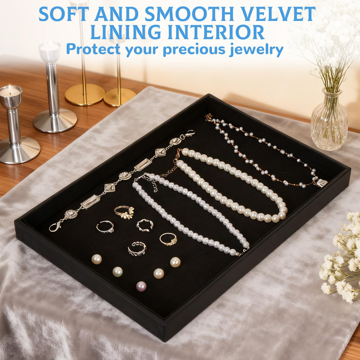 Rainmae 6 Pcs Velvet Stackable Jewelry Tray Showcase Display, Jewelry Organizer Trays for Drawers and Countertop, Black Empty Plates for Necklace, Ring, Bracelet, and Earring Storage Display