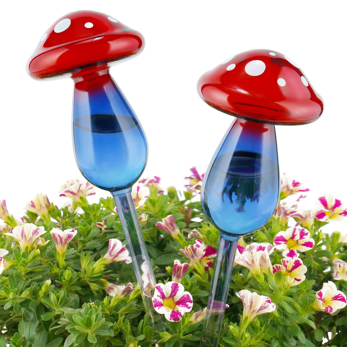 NiHome Mushroom Spike Self-Watering Bulb 2-Pack 10" Long Gradient Red Blue Hand-Blown Glass Globe Pot Plant Waterer for Home Indoor Outdoor Garden Patio Hanging Flower Automatic Irrigation System