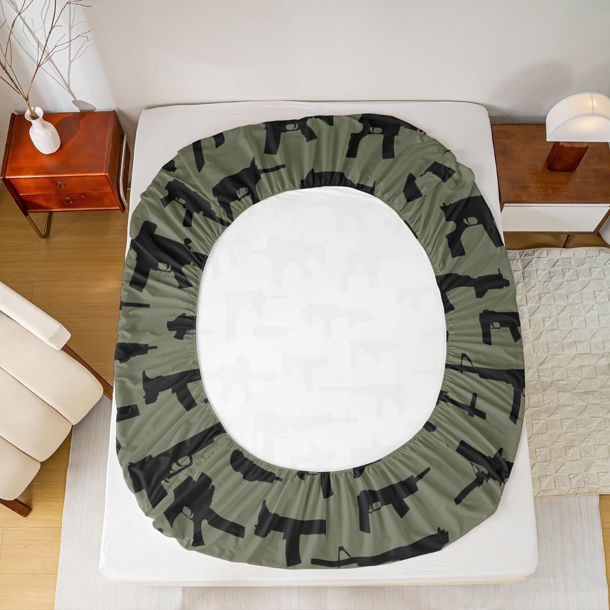 Erosebridal Machine Guns Bed Sheet Set King Size for Boys Teens Men Bedroom Military Theme Bedding Sets,Army Rifle Pattern Fitted Sheet & Flat Sheet Soft Microfiber Sheet Set 3 Piece Army Green