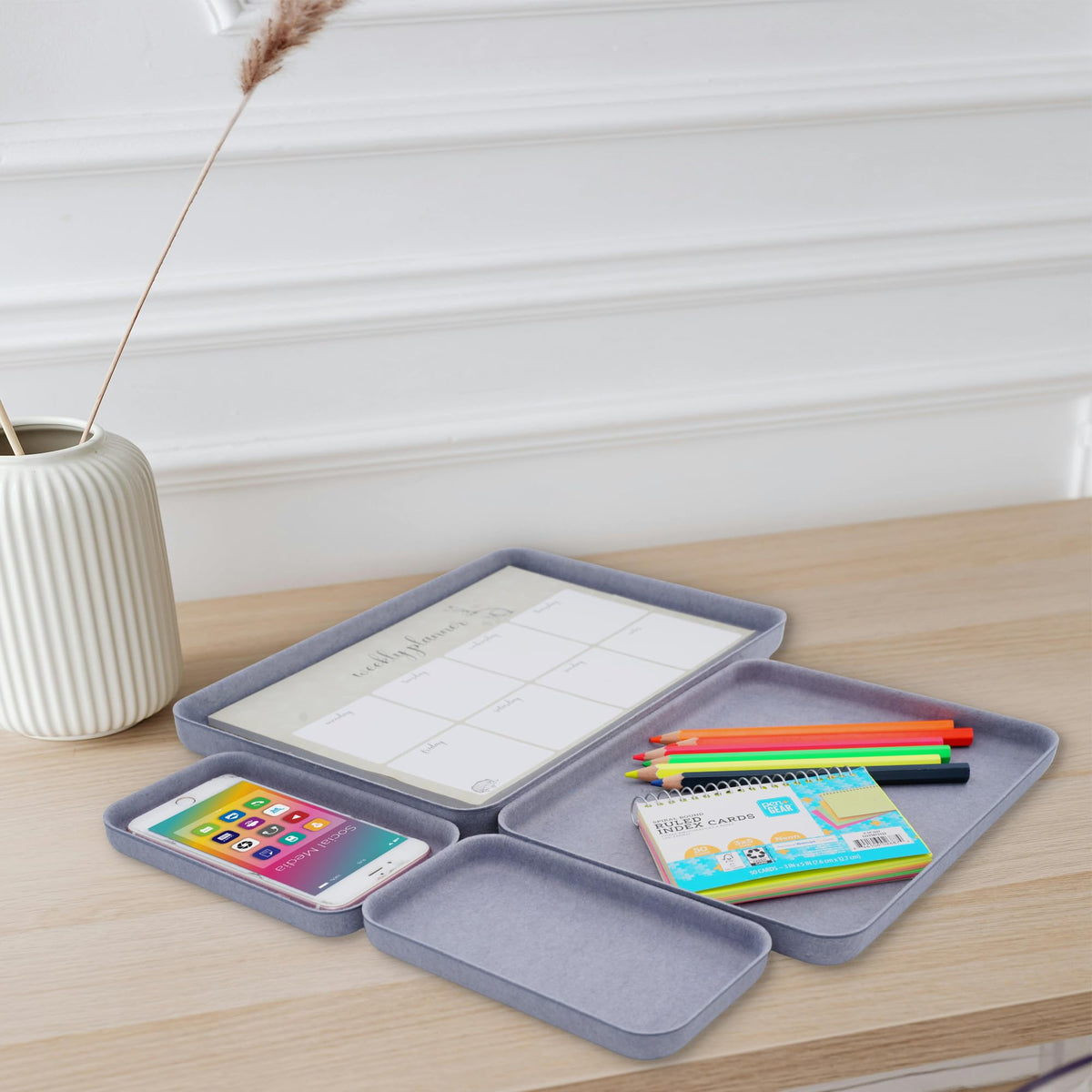 Welaxy EDC Catchall Desk Organizer felt tray stylish nightstand multi tray Entryway Bedside Caddy for Keys Phone Wallet Watch Glasses Pens Office Accessory minimalist living 4-piece (Glacier Gray)