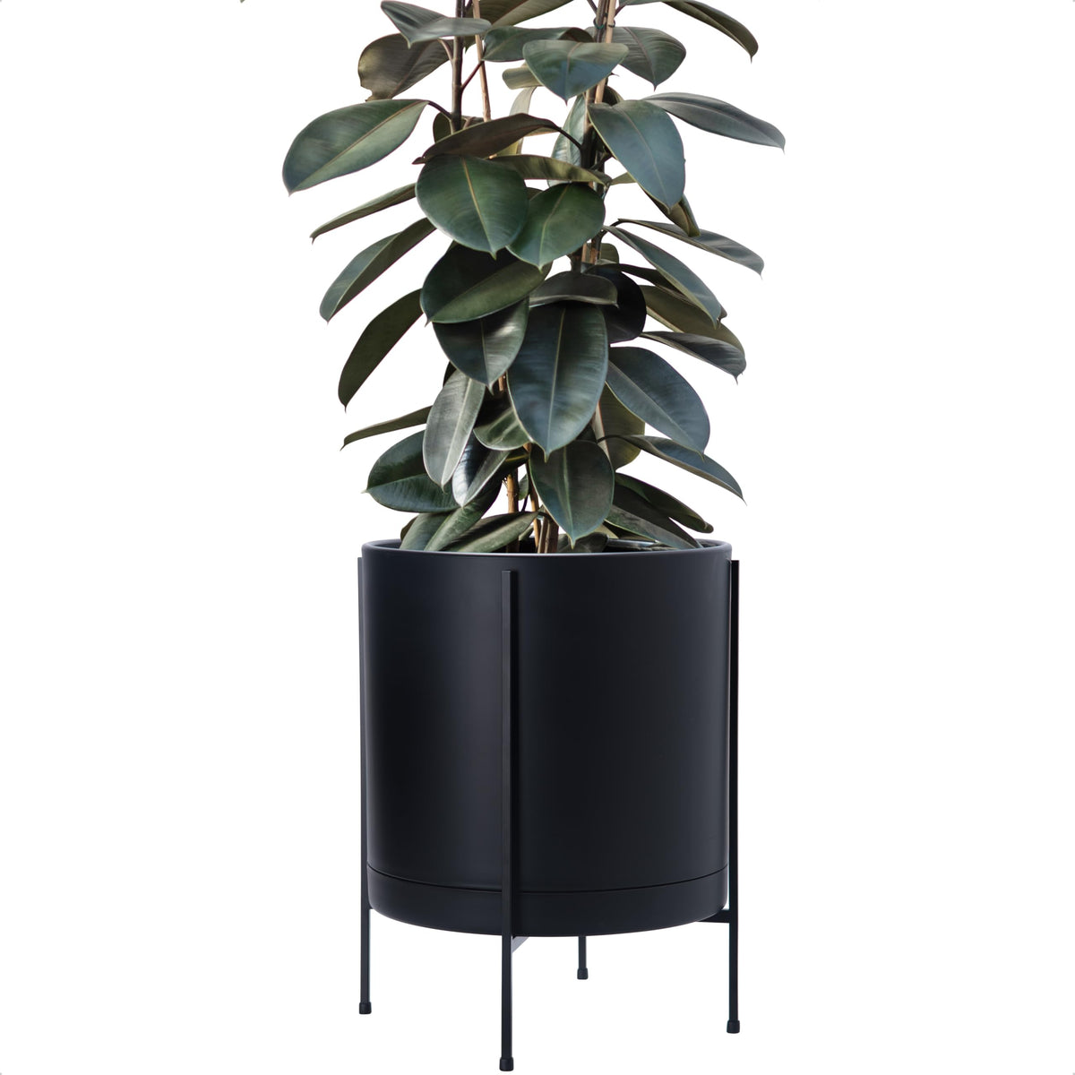 D'vine Dev 16 Inch Black Planter Pot with Stand – Modern Plastic Cylinder Flower Pot with Heavy-Duty Metal Stand for Indoor Plants, 55-D-B-5