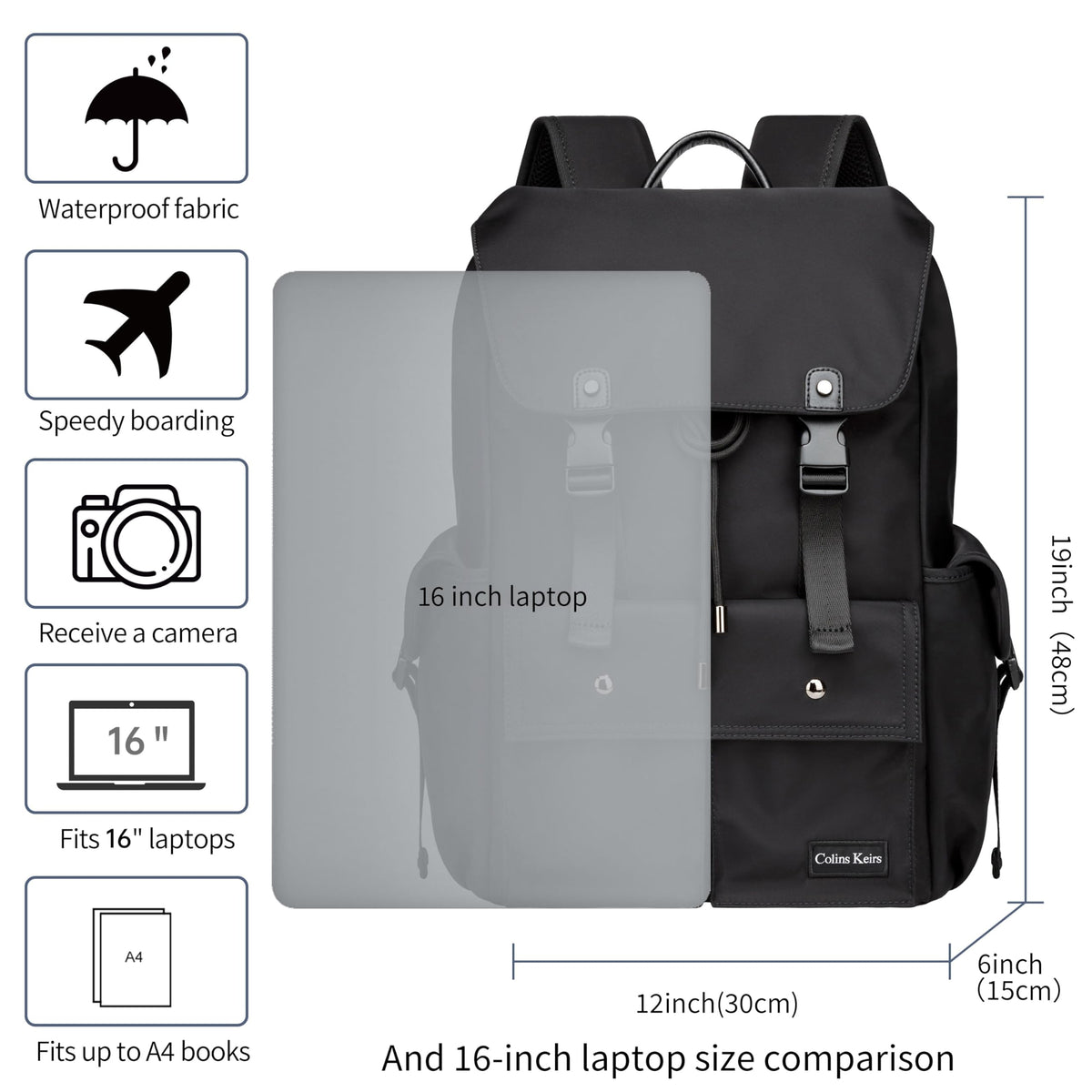 Colins Keirs Black Backpack for Men, 16 Inch Laptop Backpack with Computer Compartment, Slim Waterproof Drawstring Tech Backpack for Travel, Work, College & Daily Use