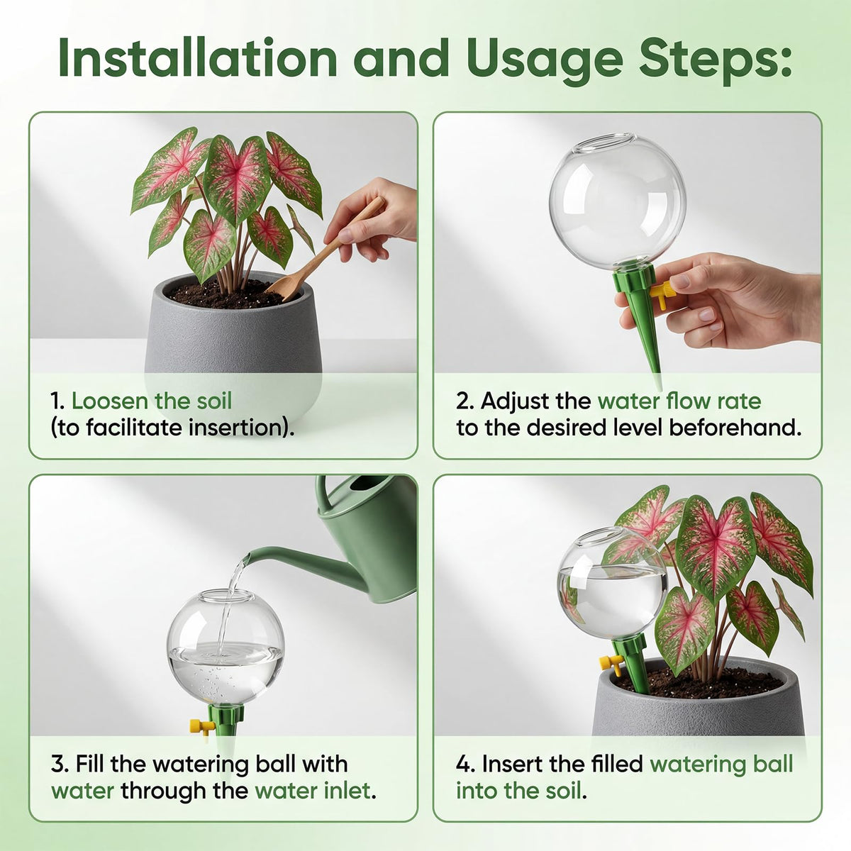 4-Pack 17.5oz Self Watering Globes with Covers – Automatic Plant Watering Bulbs, Slow-Release Irrigation Spikes for Indoor/Outdoor Potted Plants, Vacation Watering System, Top-Fill, Fits Most Pots
