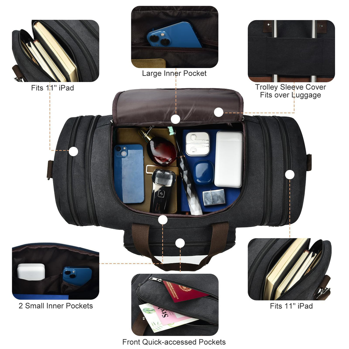 Litvyak Duffle Bag for Travel, Large 60L Canvas Travel Duffel Bags Overnight Weekend Gym Carry On Luggage Bag for Men & Women(Black)