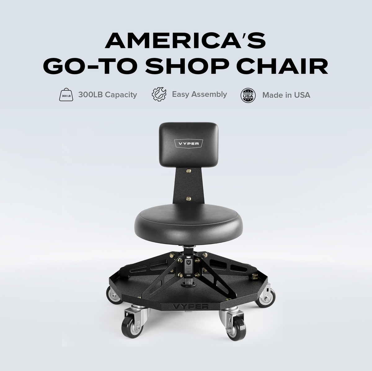 Vyper Robust Steel Sport Shop Chair for Mechanics, Automotive, DIY - 300 lb Capacity Garage Stool with Backrest & Large Wheels (Black Seat, Black Frame)
