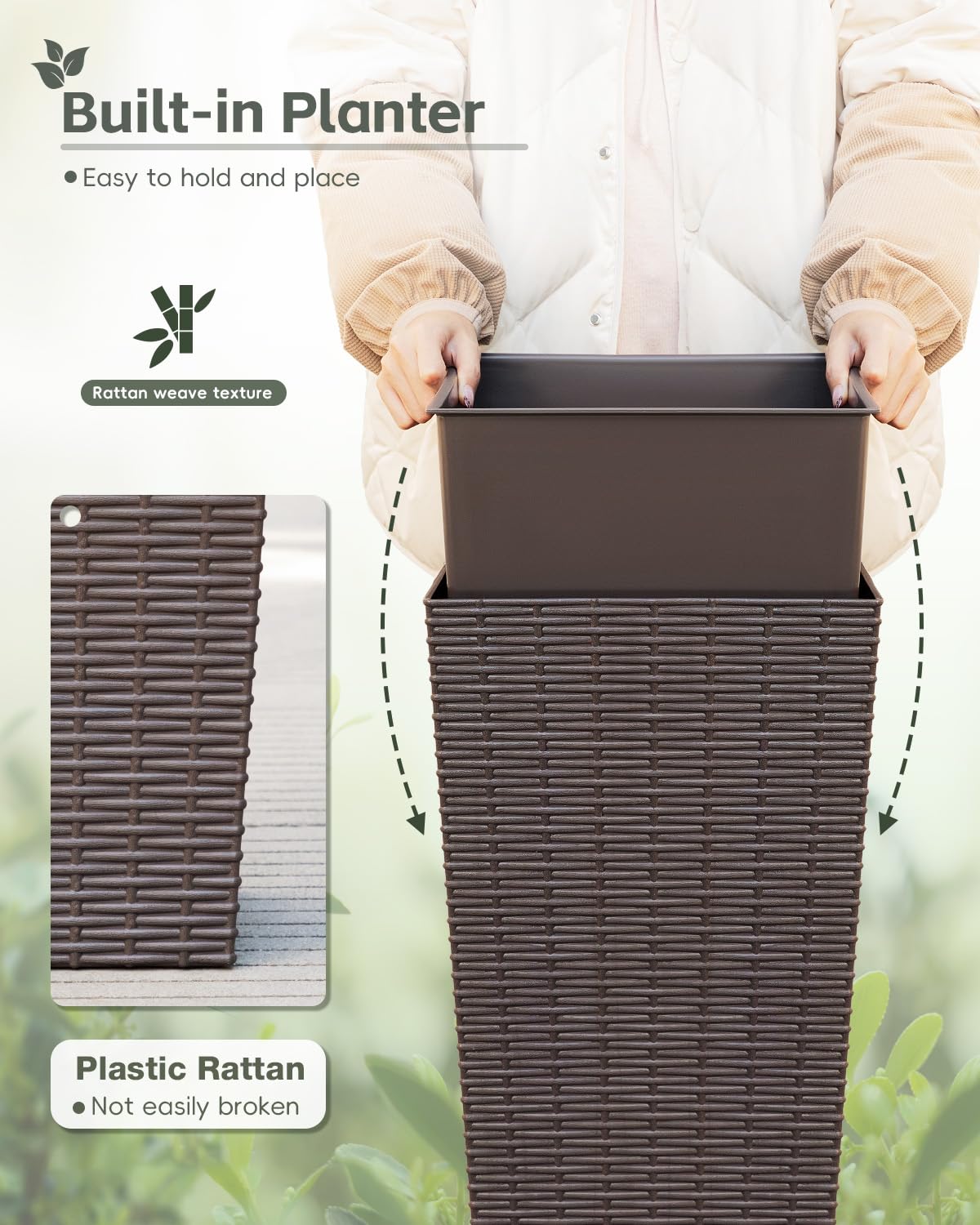 Acurax 32 Inch Tall Plastic Planters(Set of 2), Detachable Inner Pot & Drainage Holes, Outdoor Decorative Flower Pots for Large Plants, Trees, Patio, and Garden, Brown