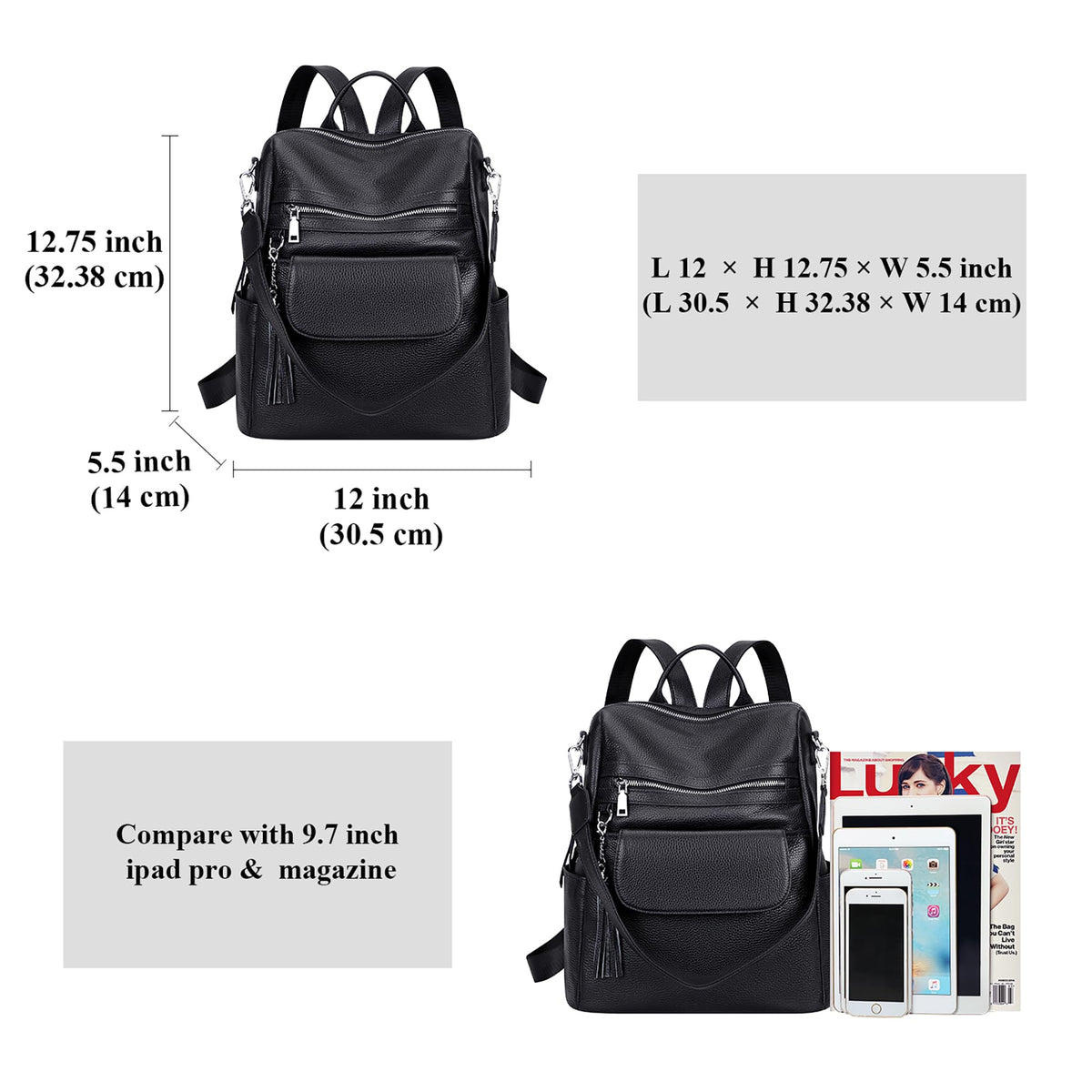 ALTOSY Genuine Leather Backpack Purse for Women Large Convertible Shoulder bag Ladies Crossdody Bag with Tassel