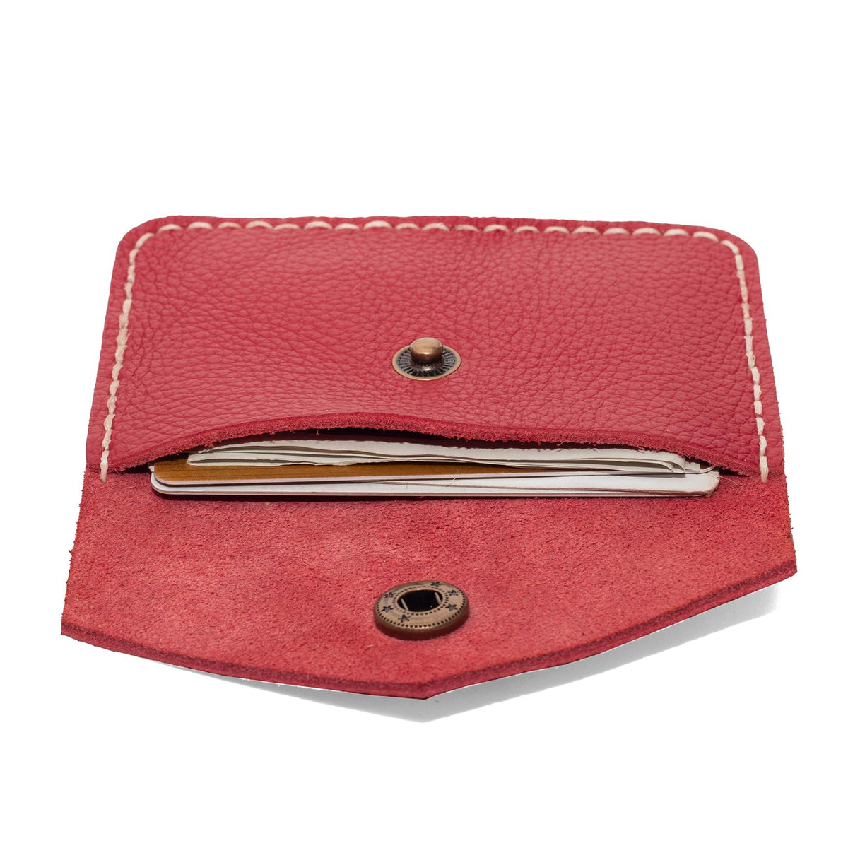 Guild Accessories Handstitched Red Leather Card case Wallet - Artisan Crafted Envelope Card Holder with Antique Brass Snap, Full-Grain Leather Slim Pocket Organizer (Red)