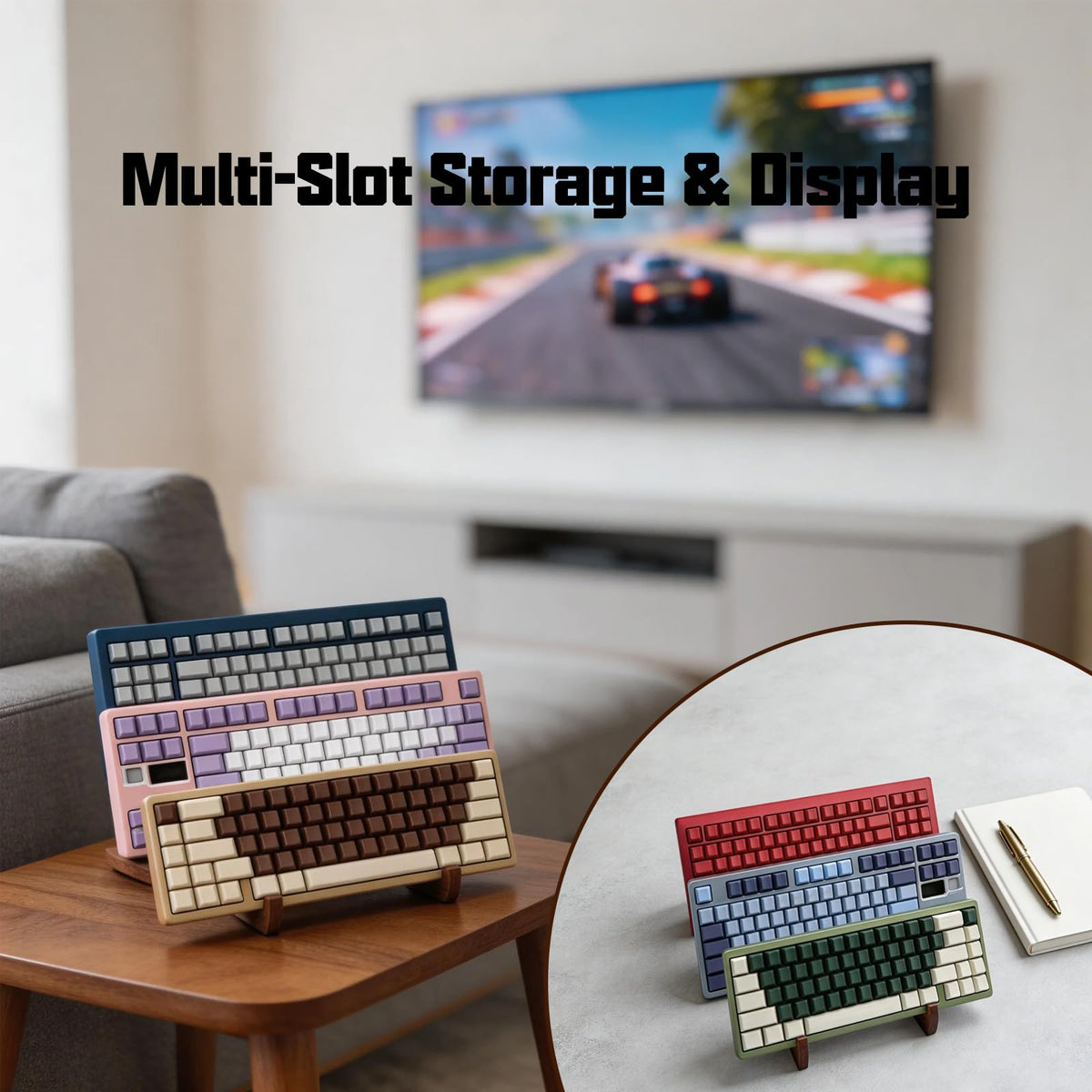 UULENNYM Keyboard Display Stand, Keyboard Display – Three-Layer Wooden Mechanical Keyboards Stand, Stable Desktop Organizer for Keyboards & Accessories, Space-Saving Design