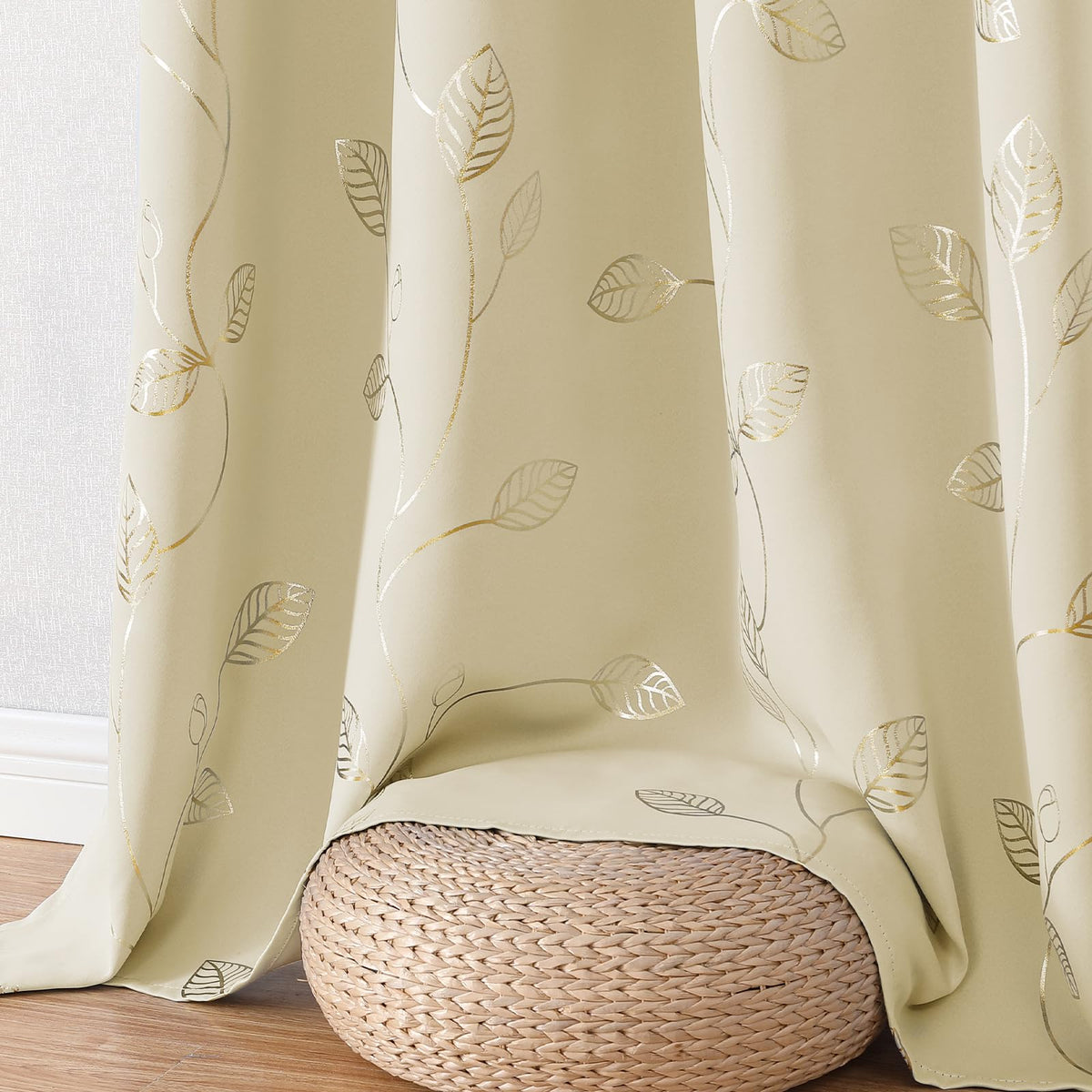 BUHUA Heat Blocking Curtains, Black Out Curtains 63 Inch Long 2 Panels Burg, Soundproof Curtains with Gold Leaf Printed (52 x 63 Inch, Beige, Set of 2 Panels)