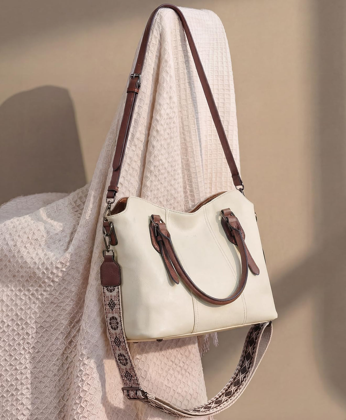VASCHY Hobo Bags for Women, Vegan Leather Top Handle Satchel Shoulder Purse Handbag Purse with Crossbody Guitar Strap Beige