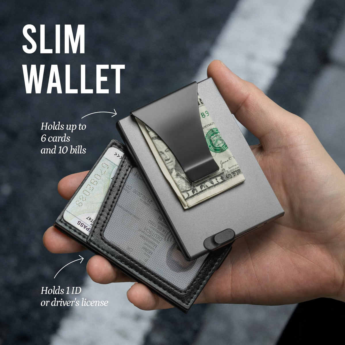 Slimwalt Slim Front Pocket Card Holder for Daily Commute & Travel, Minimalist RFID Blocking Mens Wallet for 4-6 Cards and 1 ID - Pop Up Wallet for Men with ID Window & Money Clip, Grey