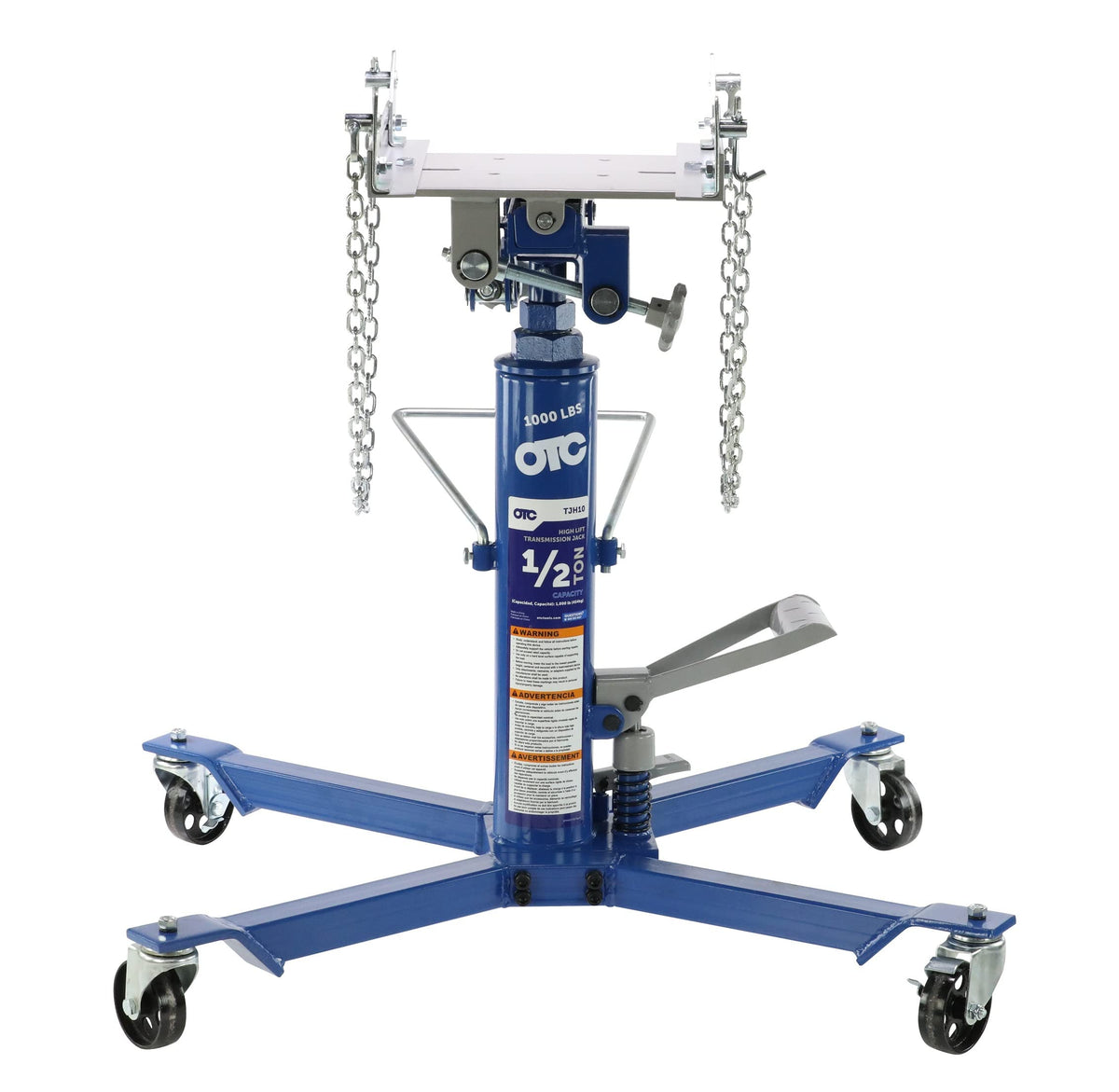 OTC TJH10 1,000 LB. Capacity High-Lift Transmission Jack with Universal Saddle, Tilting Head, Safety Chains, and Foot Operated Pump and Lowering Pedal