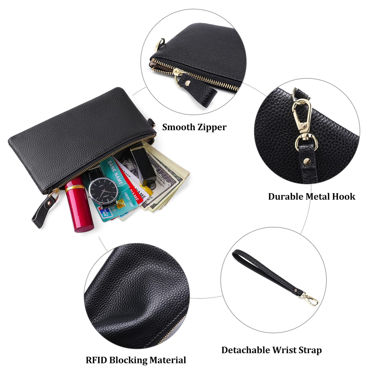 GOIACII Women's Wristlet Clutch Slim Leather Wallet RFID Blocking Handbag