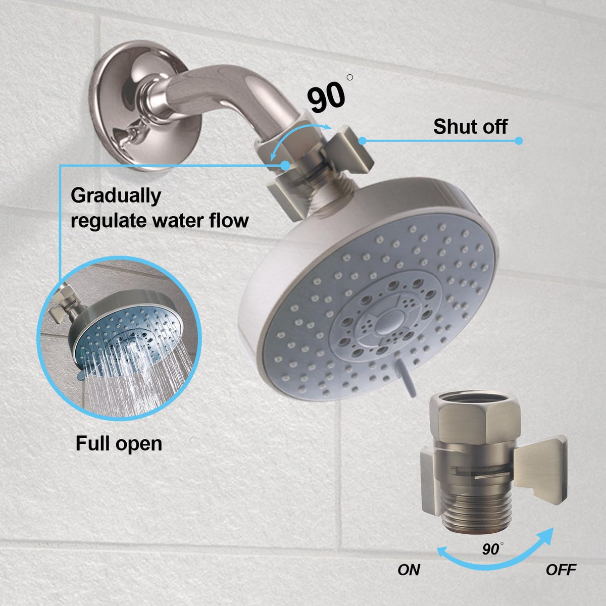 AZOS Brass Shut Off Valve, Shower Flow Control Valve, G1/2 Shower Water Pressure Regulator, Water Flow Control Valves for Handheld Shower Head, Brushed Nickel