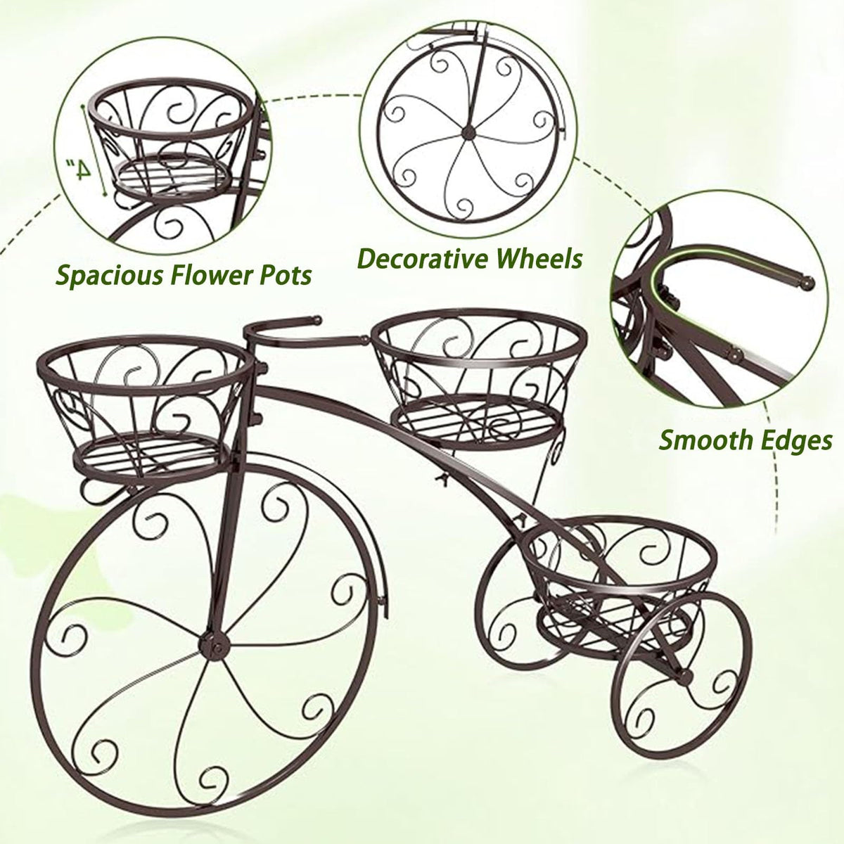 Planter Potted Holder Tricycle Plant Stand, Parisian Style Flower Display Stand Cart,3-Tier Metal Plant Stand Bicycle Flower Pot Cart with Hollowed Baskets for Patio,Garden,Deck,Lawn(Black)