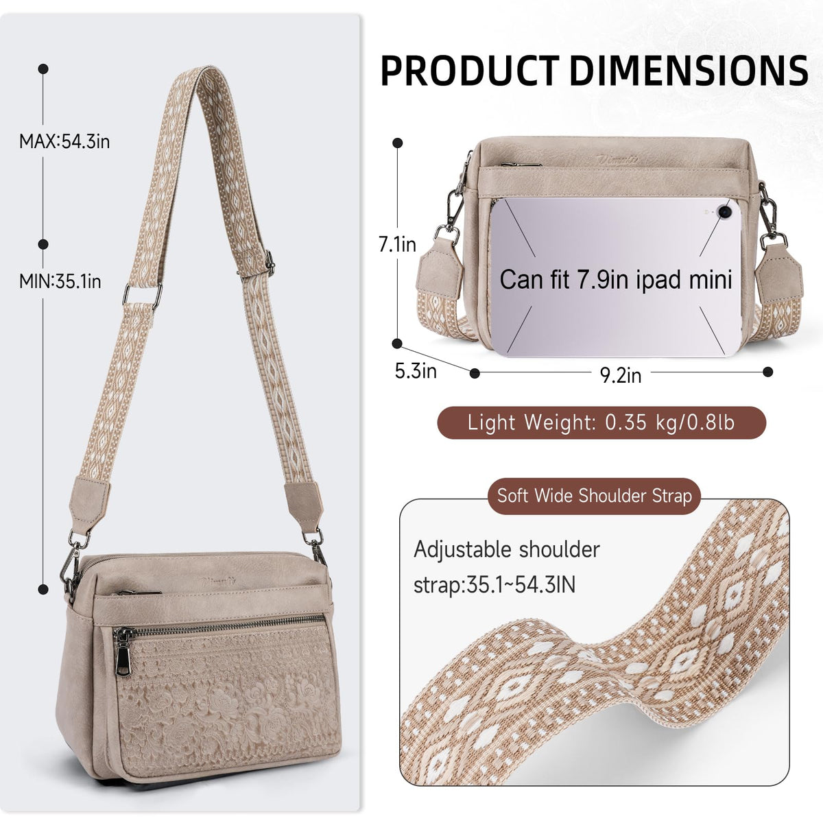 VIMUTI Crossbody Bags for Women Trendy,Leather Crossbody Purses Embossed Design,Multi Pocket Lightweight Shoulder Handbag (04-Gray)