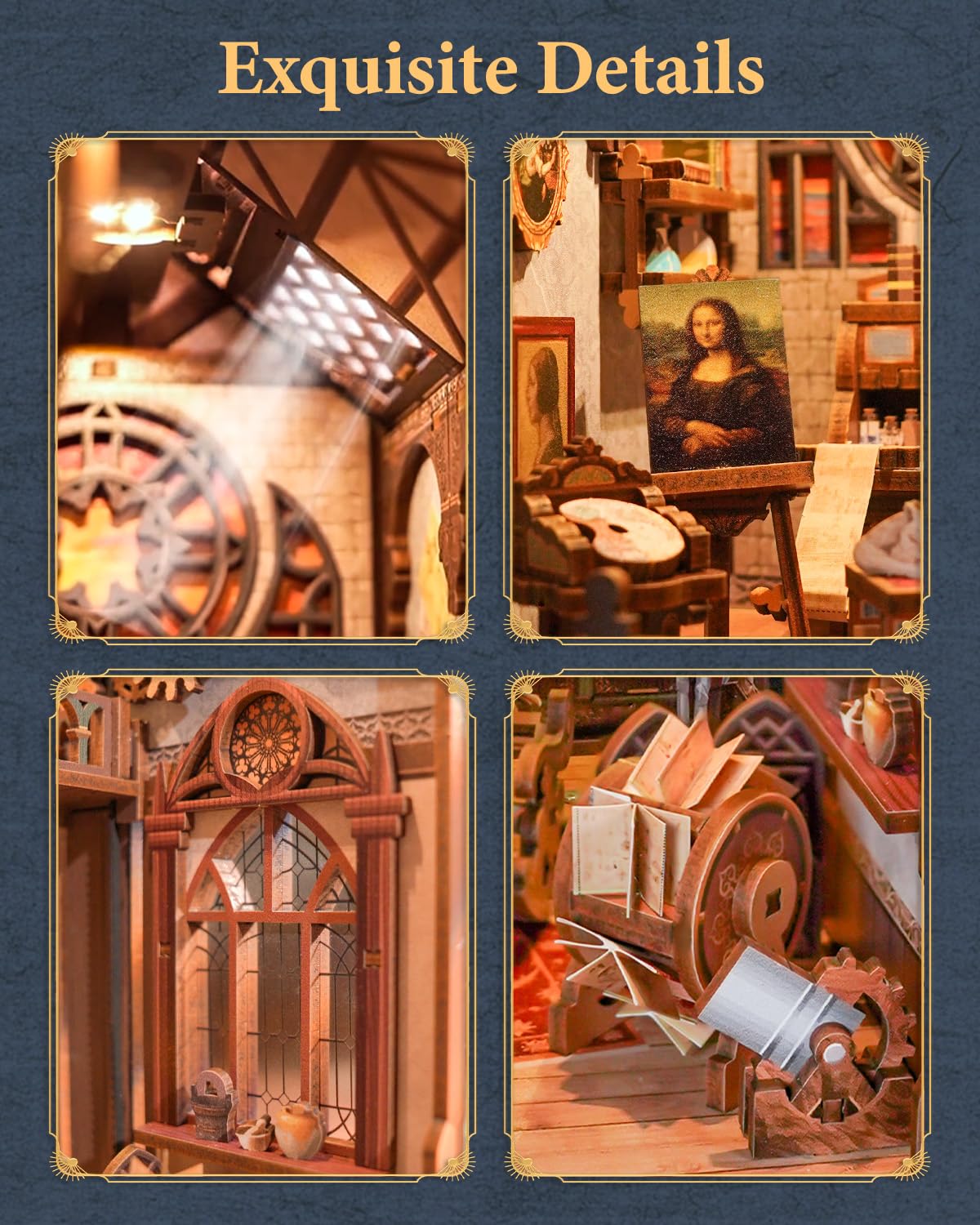 Tonecheer DIY Book Nook Kit for Adults, 3D Puzzle Wooden Miniature House Kit, Booknook Dollhouse Bookshelf Insert Decor Bookend with Dust Cover and LED Lights Gifts (Leonardo da Vinci)