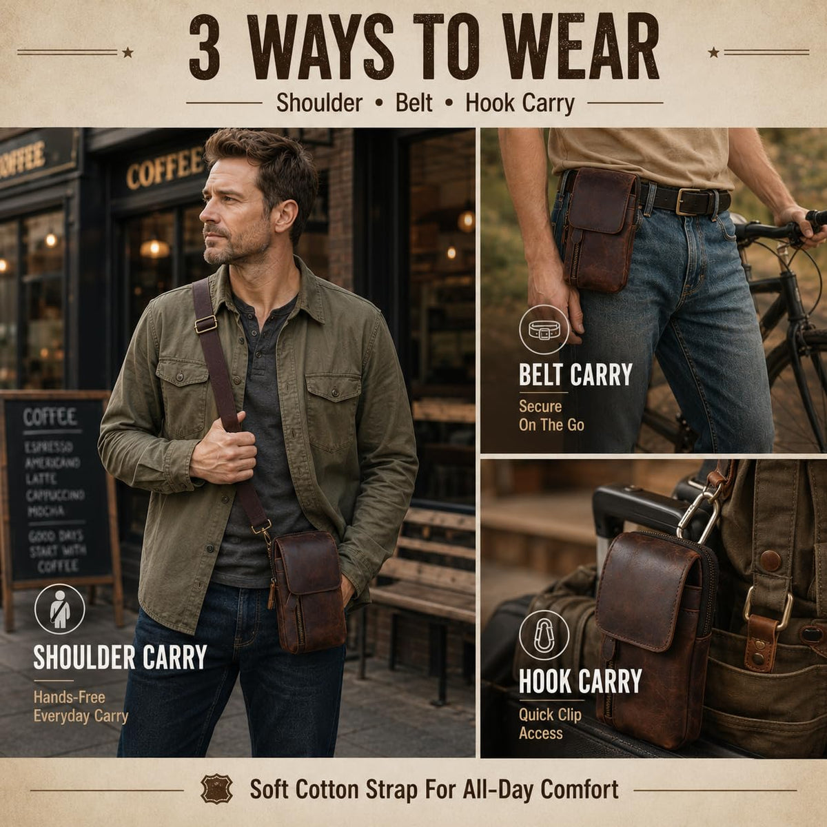 Hengwin Top Grain Crazy Horse Leather Phone Holster Waist Pouch with Belt Clip Belt Loop Shoulder Strap, Mini Crossbody Cell Phone Purse for Men, Belt Bag for Travel, Outdoor, Daily Use (Coffee)