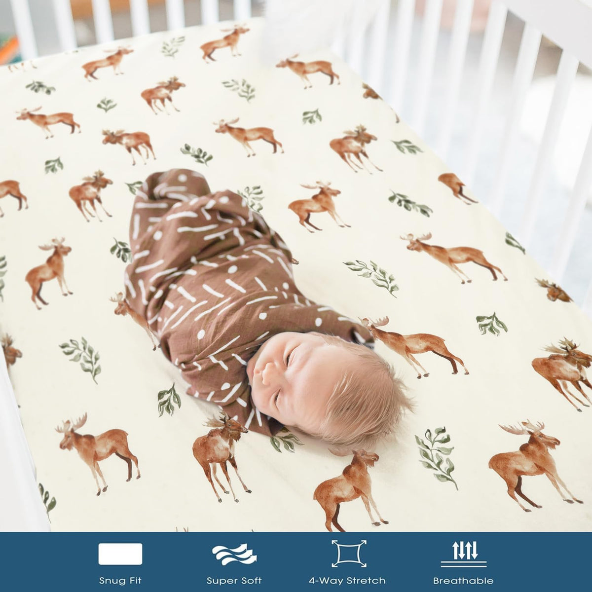 GRSSDER Stretchy Ultra Soft Jersey Knit Pack and Play Sheets 2 Pack, Portable/Mini Crib Sheets Universal Fitted for Playpen Mattress Safe and Snug, Elk Print