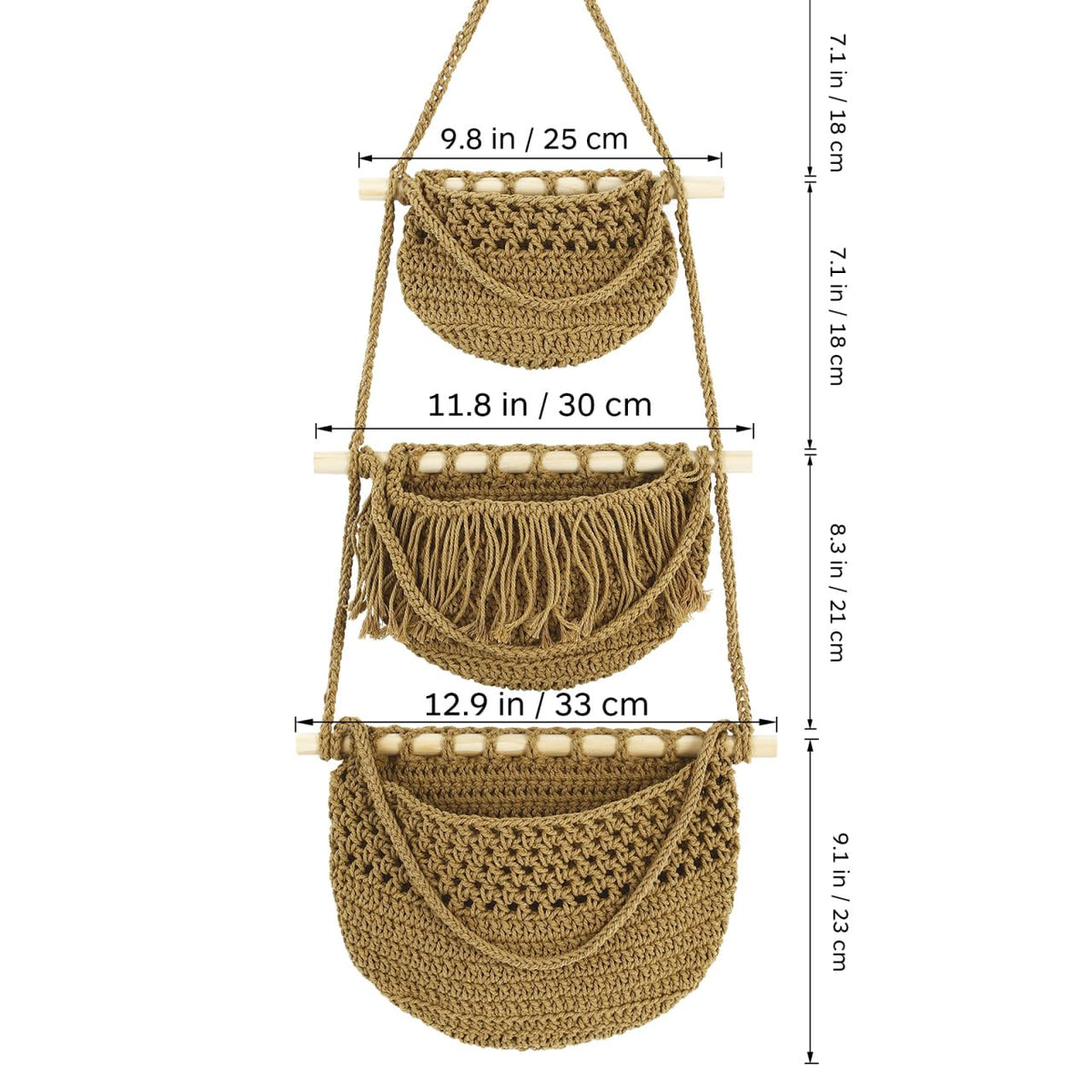Cabilock 3 Tier Hanging Fruit Basket for Kitchen - Boho Macrame Woven Wall Storage for Onion and Potato, Space-Saving Cotton Rope Produce Organizer for Pantry & Bathroom